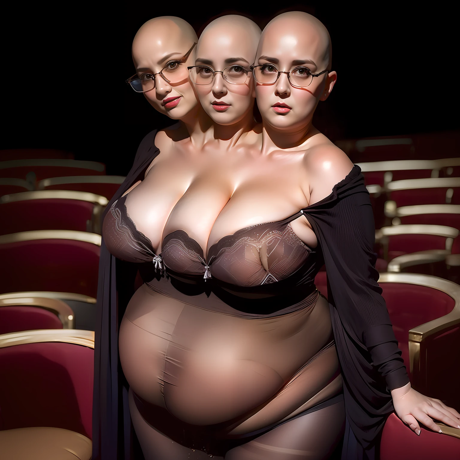 (((2heads))), obese woman,32 years old,bald, very pale skin,thick rimmed glasses, theater stage background,cleavage, undersized bra, large droopy breasts, posing, pantyhose