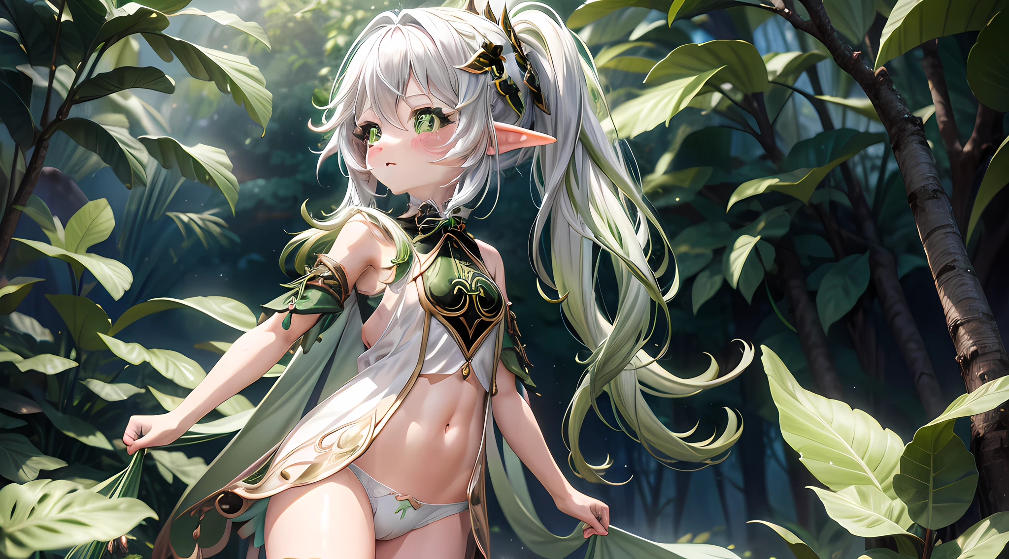 Anime girl with long white hair and green raincoat posing in the forest, small curvy loli, little chest, You can see the underpants, bare body, rounded butt, side view, high detail official illustrations, 8k high quality detailed art, anime goddess, extremely detailed, smooth anime cg art, Elf Girl, masterpiece, best quality, Single girl, solo, nahida genshin, cross-shaped pupils, default dress, green cape, standing 8k, UHD, HDR, (Masterpiece:1. 5), (best quality:1. 5)