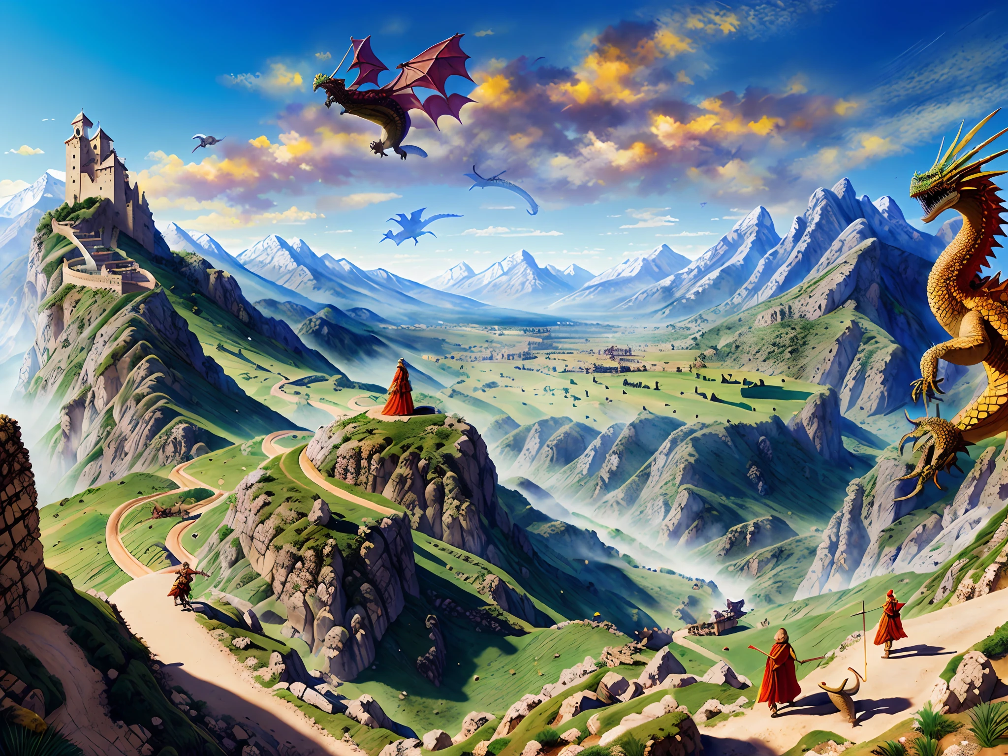 (obra maestra: 1.4), (mejor calidad: 1.4), realista, paisaje medieval, ((dragones)), Mountains, (((guerreros.)))