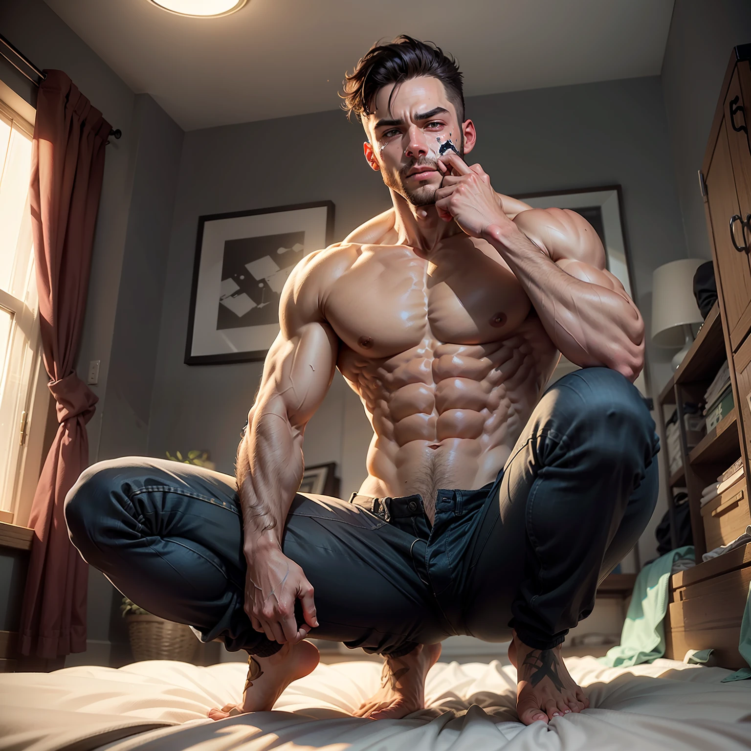 A man crouches on the bed,There are abs,chest muscle,black sock,Bare topless,shorter pants,,Be red in the face,The face is facing the screen,The crotch is bulging,There is a white liquid in the crotch,masturbation