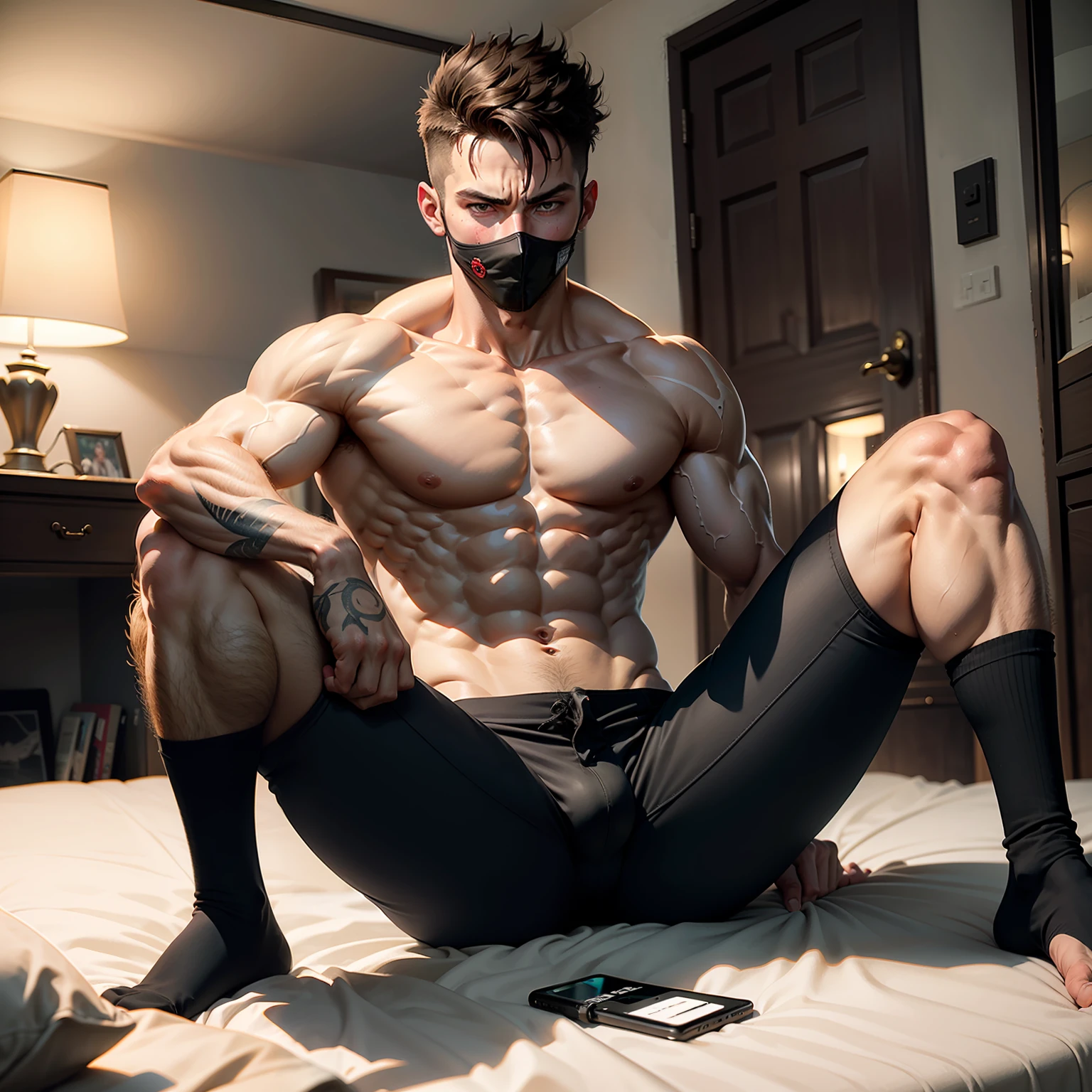 A man crouches on the bed,There are abs,chest muscle,black sock,Bare topless,shorter pants,,Be red in the face,The face is facing the screen,The crotch is bulging,There is a in the crotch,masturbation