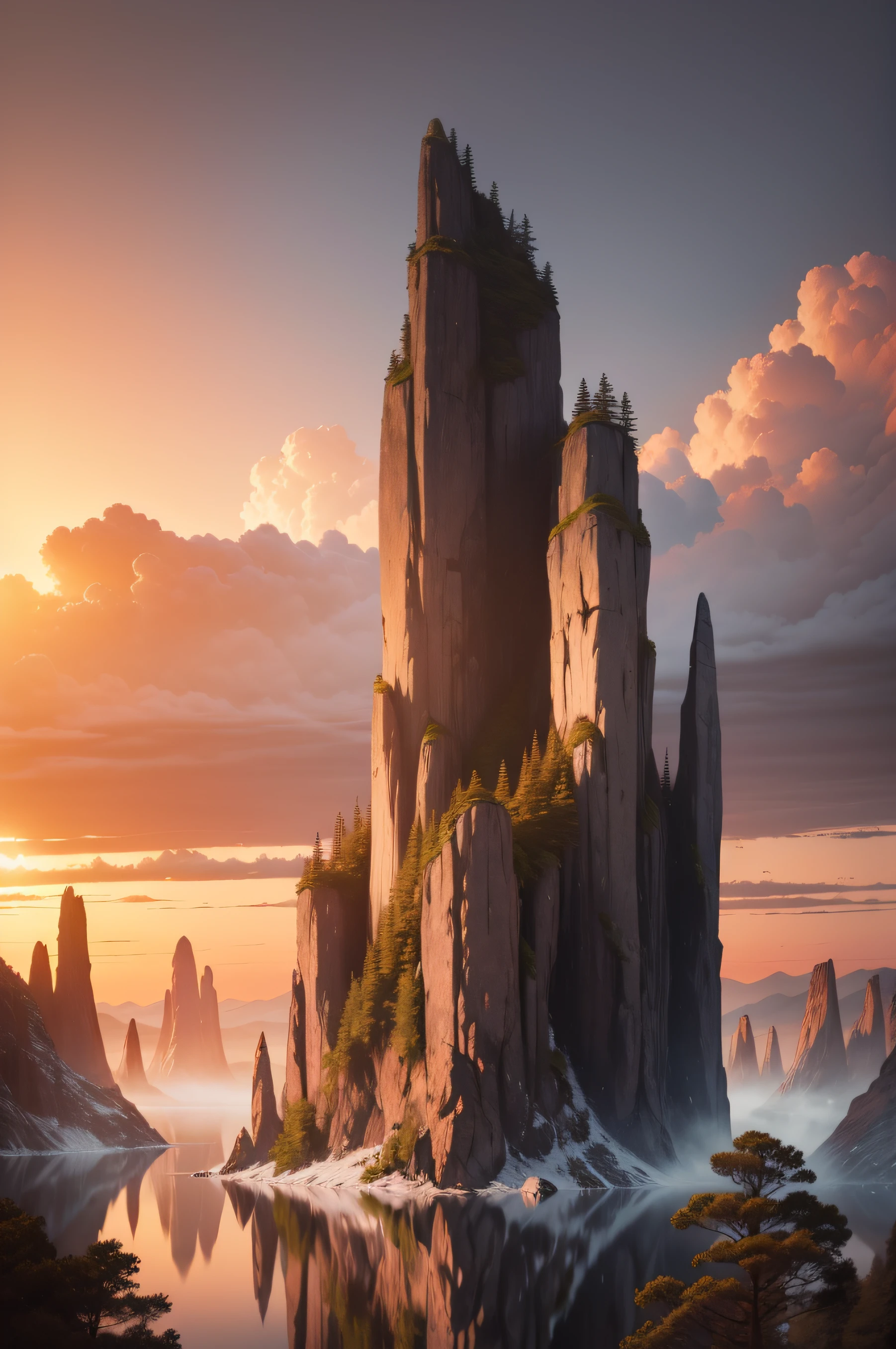 There is a large rock formation in the middle of the forest, big sharp rock, tall big rocks, tall stone spires, High rocks, rock formations, giant imposing mountain, majestic spires, tall spires, giant towering pillars, viewed in profile from far away, sharp cliffs, the whole, Side view from a distance, Seen from a distance, Rock columns,ultra - detailed,eventide,early evening,As night fell,Red sunset,Red sunset,White cranes flew by,ultra - detailed,Ultra high quality,Lots of detail,The details were perfect,k hd,There is logic,picture perfect,sunshaft,Fluffy clouds,非常详细的 CG 统一 8k 壁纸,tmasterpiece,Best quality at best,Lens texture,hdr,stand erect,towering,Colorful sunset in the sky,Natural sunset,A sense of shock,A sense of vastness,The boat floats on the surface(Exquisite boats)