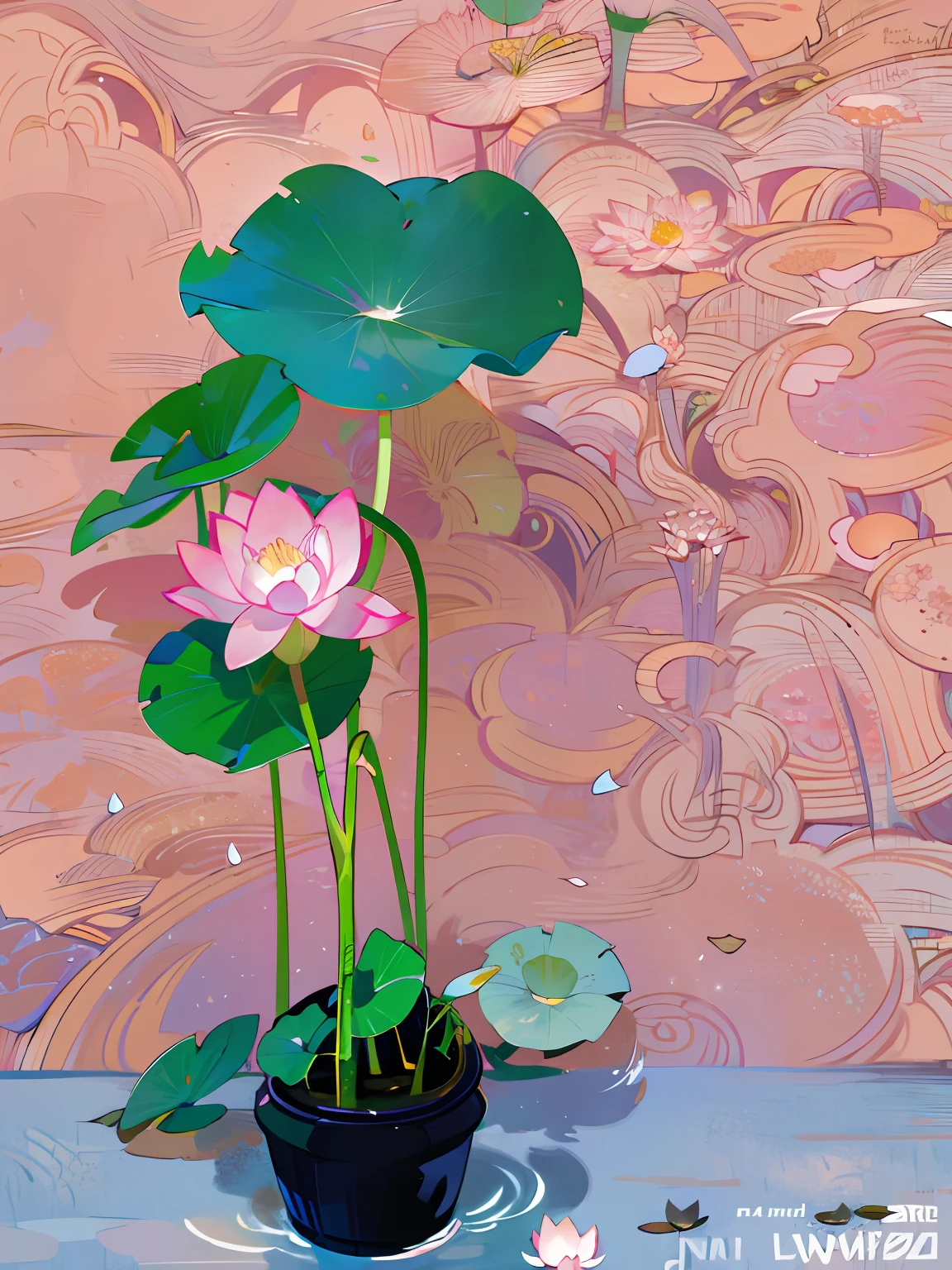 there is a plant that is growing out of a pot, lotus flower, lotuses,  lotus flowers on the water,  Aquatic plants, lotus petals, Beautiful image,Movie lighting，Exquisite graphics