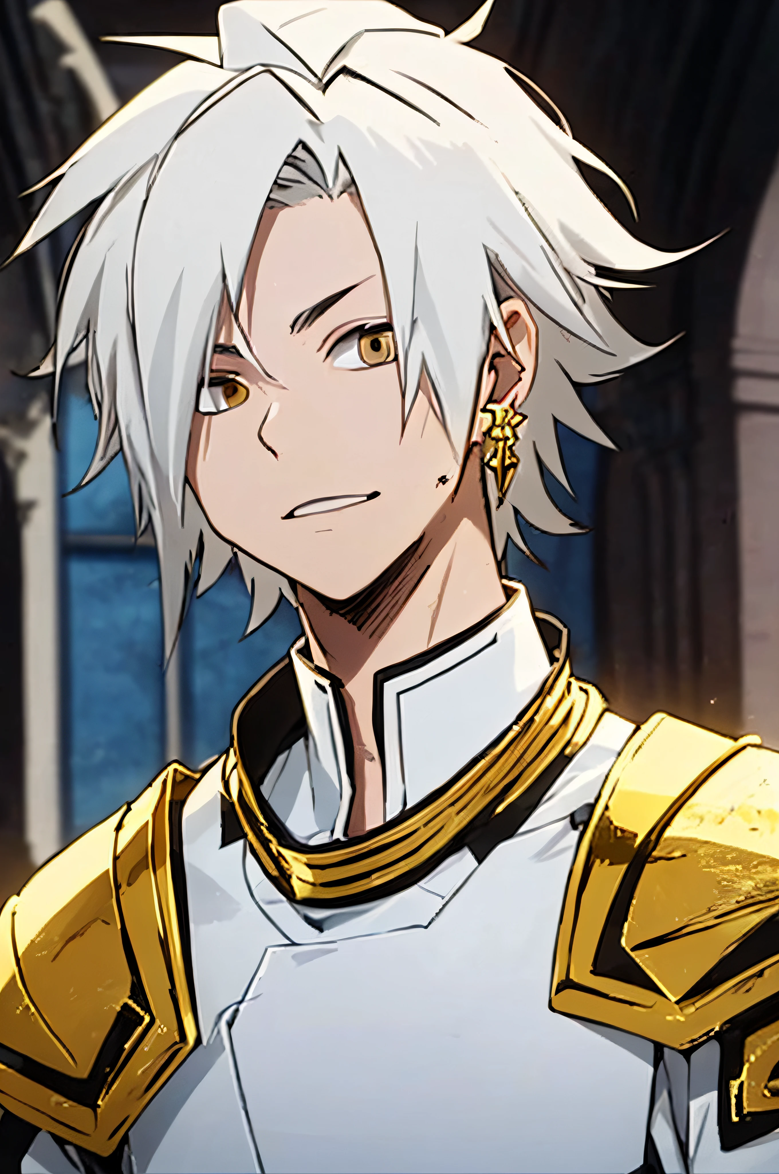 garoto branco, white boy, eighteen , white skin, no wrinkles, (((white hair, skin)), dark brown eyes, earring, wearing white armor with gold trim