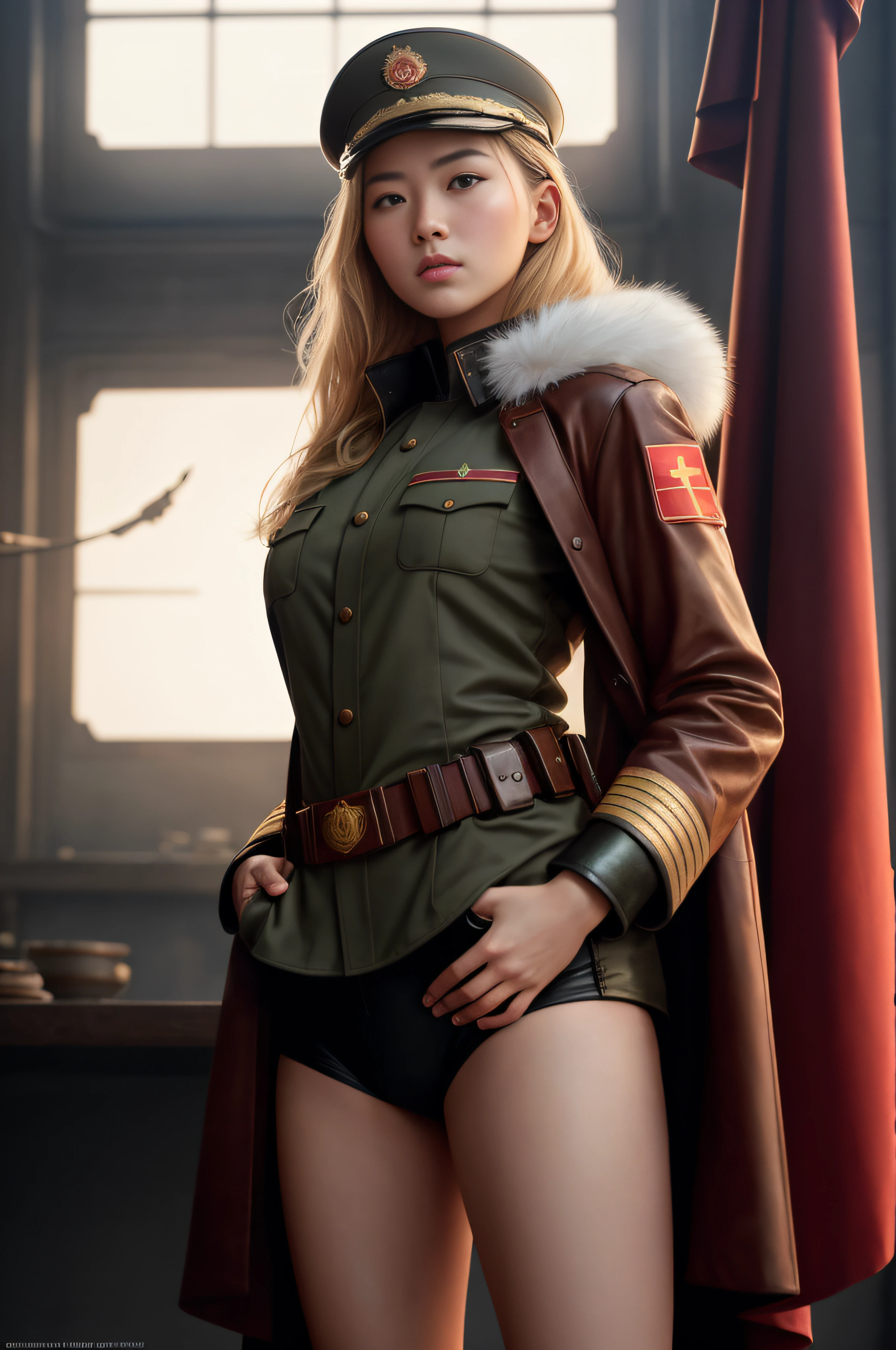 modelshoot style, (extremely detailed CG unity 8k wallpaper, hasselblad award winner), beautiful detailed portrait of a young chinese female, beautiful sports girl in the militia uniform of the Soviet Union, serious look, (NKVD style:1.4), stands in a defiant pose, provocative dominance position above the camera,  legs apart, legs open, legs apart, sexy, legs apart, pubis, panties, cinematic lighting, ambient soft lighting, dramatic lighting, diffused soft lighting, aviator style, (detailed background with red flags of the soviet union:1.2), futuristic, imperial style, elite, rich, highly detailed, intricate, sexy uniform, hot body, small breasts, with a long blonde tail and a long brown fur leather coat, artstation, cgsociety art, DeviantArt trending, 8k HD, masterpiece, high quality, sharp focus, digital art by Artgerm and Greg Rutkowski and Alphonse Mucha, professional majestic oil painting by Ed Blinkey, Atey Ghailan, Studio Ghibli, by Jeremy Mann, Greg Manchess, Antonio Moro, trending on ArtStation, trending on CGSociety, Intricate, High Detail, Sharp focus, dramatic, photorealistic painting art by midjourney and greg rutkowski