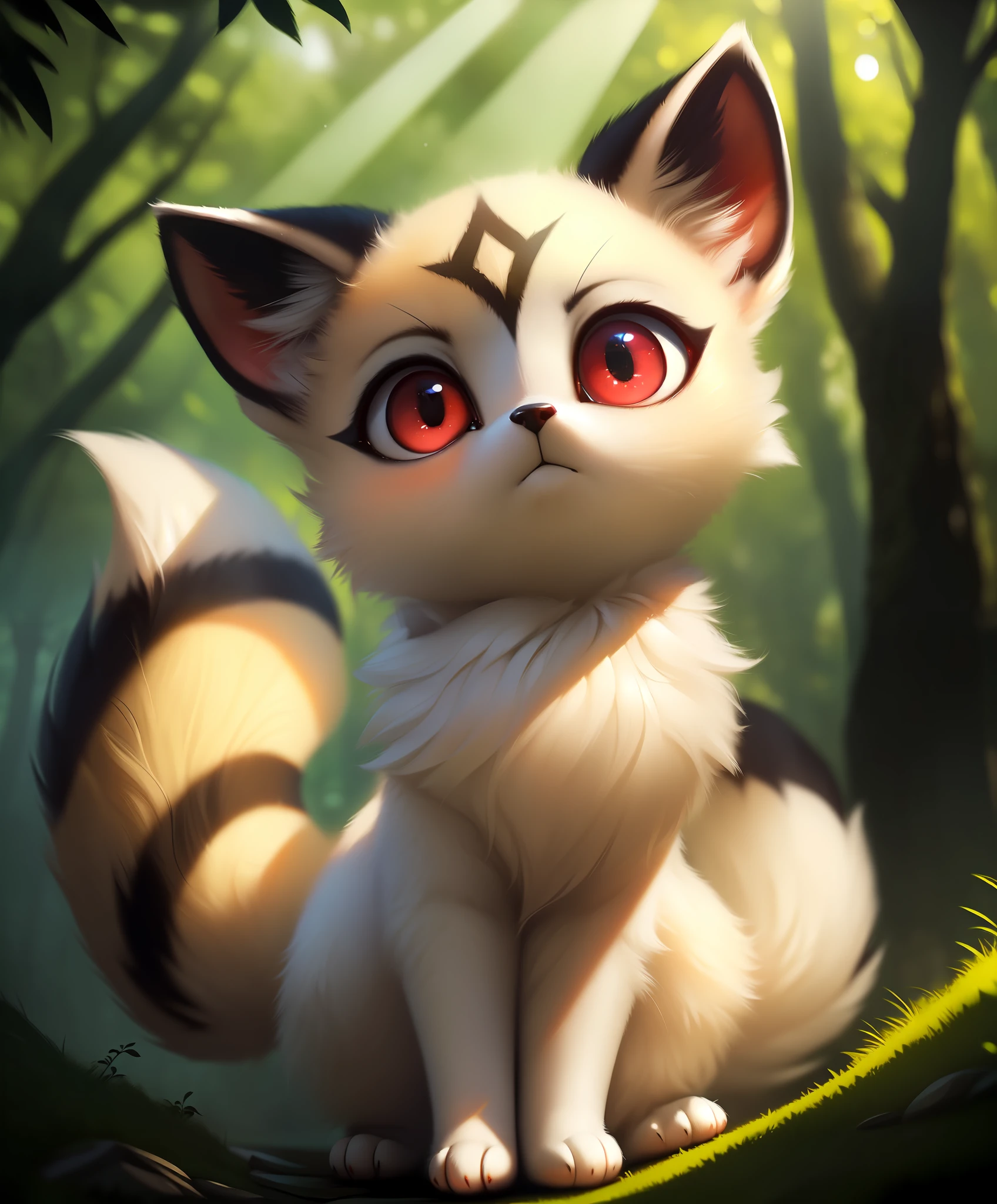 uploaded on e621, ((by Relevancy, by S1M, by Vivian Maier, by Silverfox5213)),
solo (quadruped feral:1.4) chibi (((Kirara \(Inuyasha\)))) with ((white body)) and (two tails, inner fluff ear, cheek tuft) and ((clear red eyes)),
(detailed Kirara \(Inuyasha\)), ((detailed fluffy fur)),
(three-quarter portrait, looking away, front view, [low-angle view]:1.2),
BREAK,
(detailed background, depth of field, half body shadow, sunlight, ambient light on the body),
(intricate:0.7), (high detail:1.2), (unreal engine:1.3), (sharp focus:1.1),
[explicit content, questionable content], (masterpiece, best quality, 4k, 2k, shaded, absurd res)