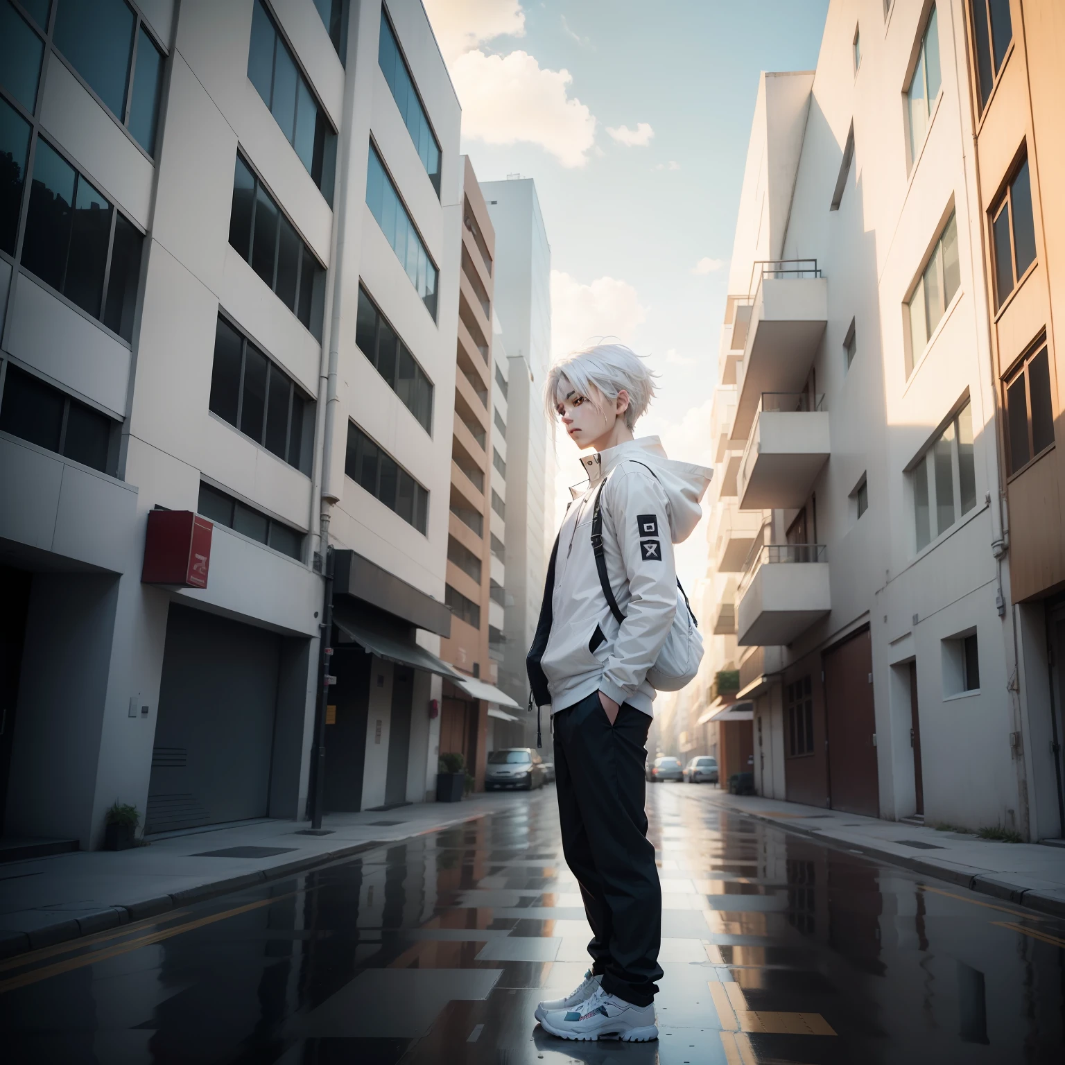 Anime boy with white hair and standing in front of a building