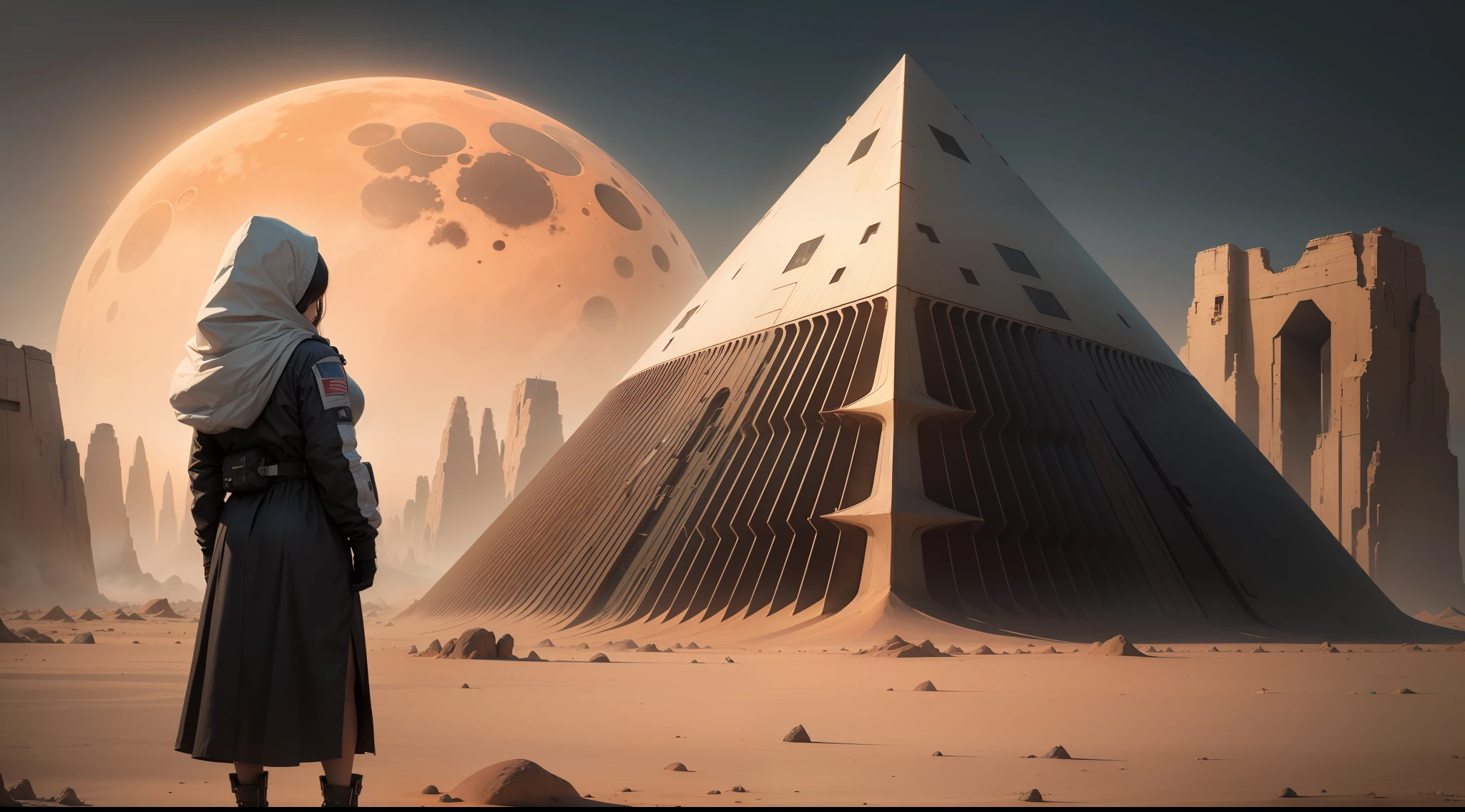 There is a triangular building on the moon，废墟，A woman stands in the distance，Futuristic，Armageddon，sci-fy，extraterrestial，ufos，Super huge，Clear patterns on the surface of the building，Strong contrast in size，The vast surface of Mars，Mars rover，space ship，color light，The earth is visible in the sky，Strong contrast，Dark style，Mars rover，Earth in the air，atmospheric feeling，Photoreality，tmasterpiece，hentail realism，Photoreality，hight contrast，8K high-definition，Render the atmosphere，A detailed，ultra - detailed，超A high resolution，(真实感:1.4)，A high resolution，A detailed，richcolors