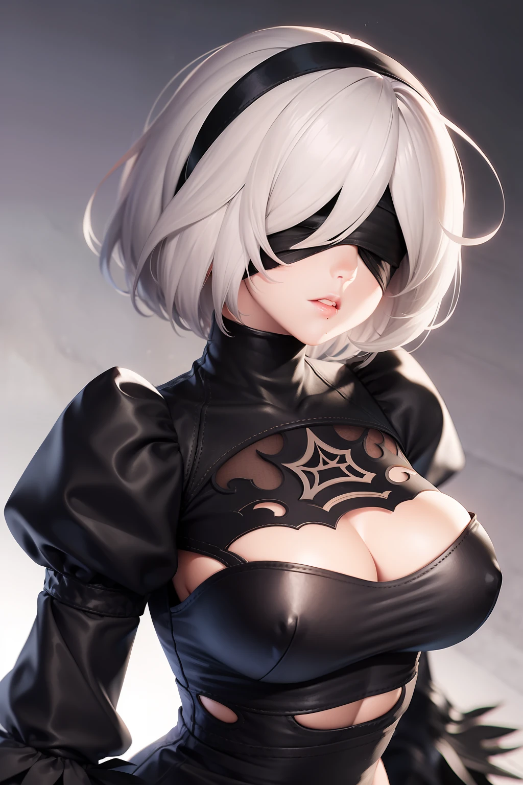 yorha no. 2 type b, medium breasts, short hair, cleavage cutout, turtleneck, cleavage, parted lips, mole under mouth, black hairband, puffy sleeves, blindfold, dress, juliet sleeves, black blindfold, hairband, solo, upper body, white background, mole, clothing cutout, 1girl, white hair, black dress, long sleeves
