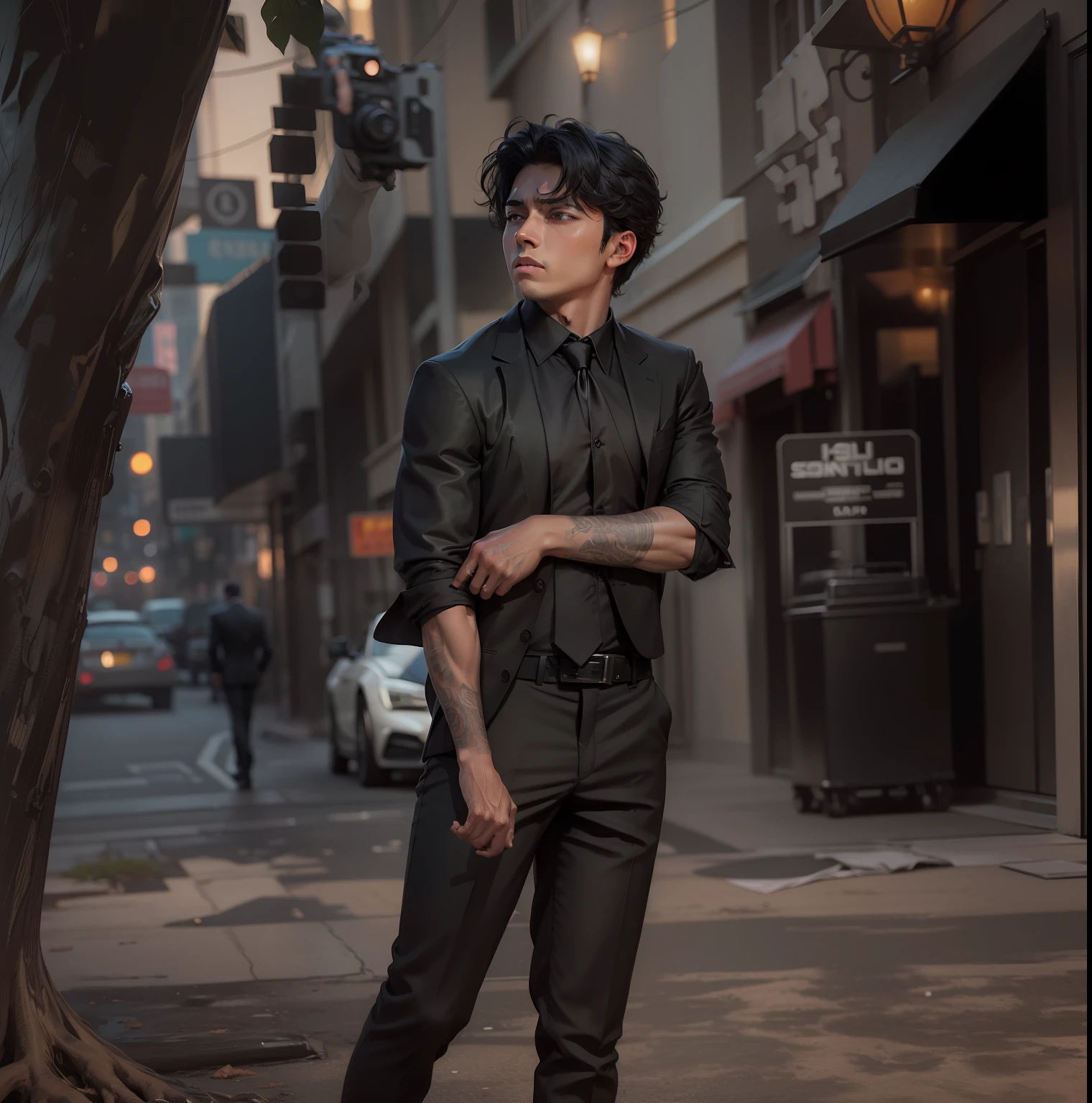A boy in los Angeles, in black colour suit, gangstar and handsome look and 8k