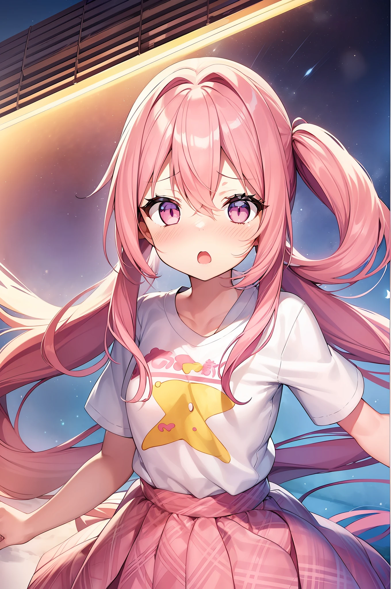 1girl. pink hair.long hair.twintails.{li}.short stature.small breast.white t-shirts.skirt. (((masterpiece))).(((best quality))).)((ultra-detailed))).(((illustration))).(((night view))).((blush)).((Opening Mouth)).((Open your eyes)).((Surprised face)).