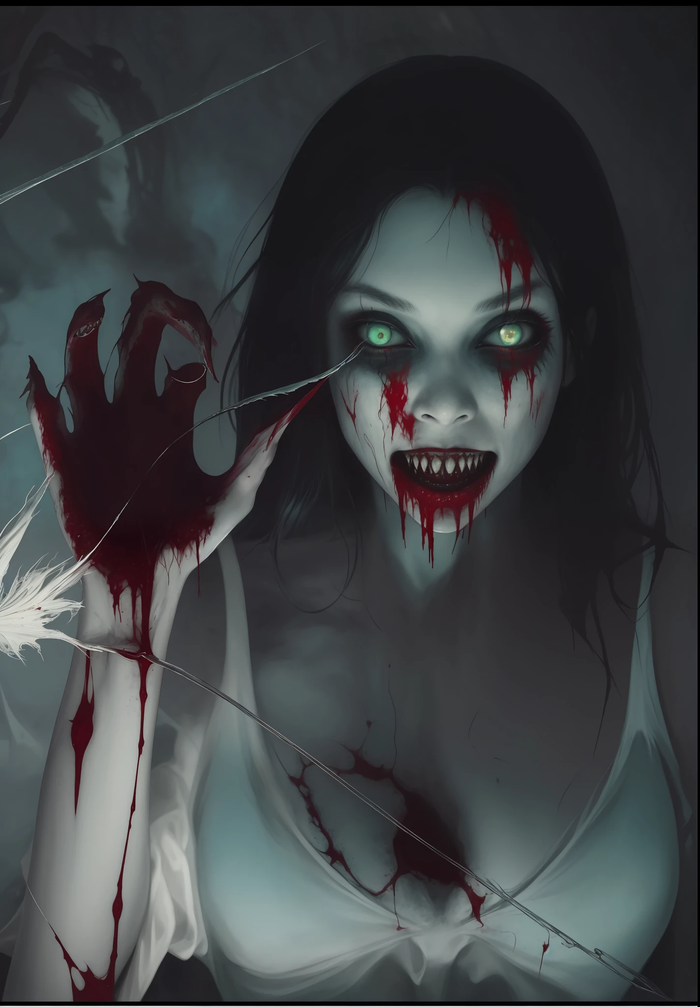 (masterpiece, best quality:1.2),ocean of blood background, highly detailed, colorful black, 1 girl, cool face, illustration, horror art, dread, creepy, blood,beautiful form of chaos,mermaid beautiful face, elegant, a brutalist designed, vivid colours, romanticism, rolling_eyes,an evil mermaid siren,bloody and sexy,Gray-green skin, black straight hair bathing in a blood, sharp teeth, maniacal laughter, atmospheric, trending on artstation. 8 k masterpiece, ((symmetry)), death, decay, color background, highly detailed, cool face, illustration, horror art, dread, creepy, blood,