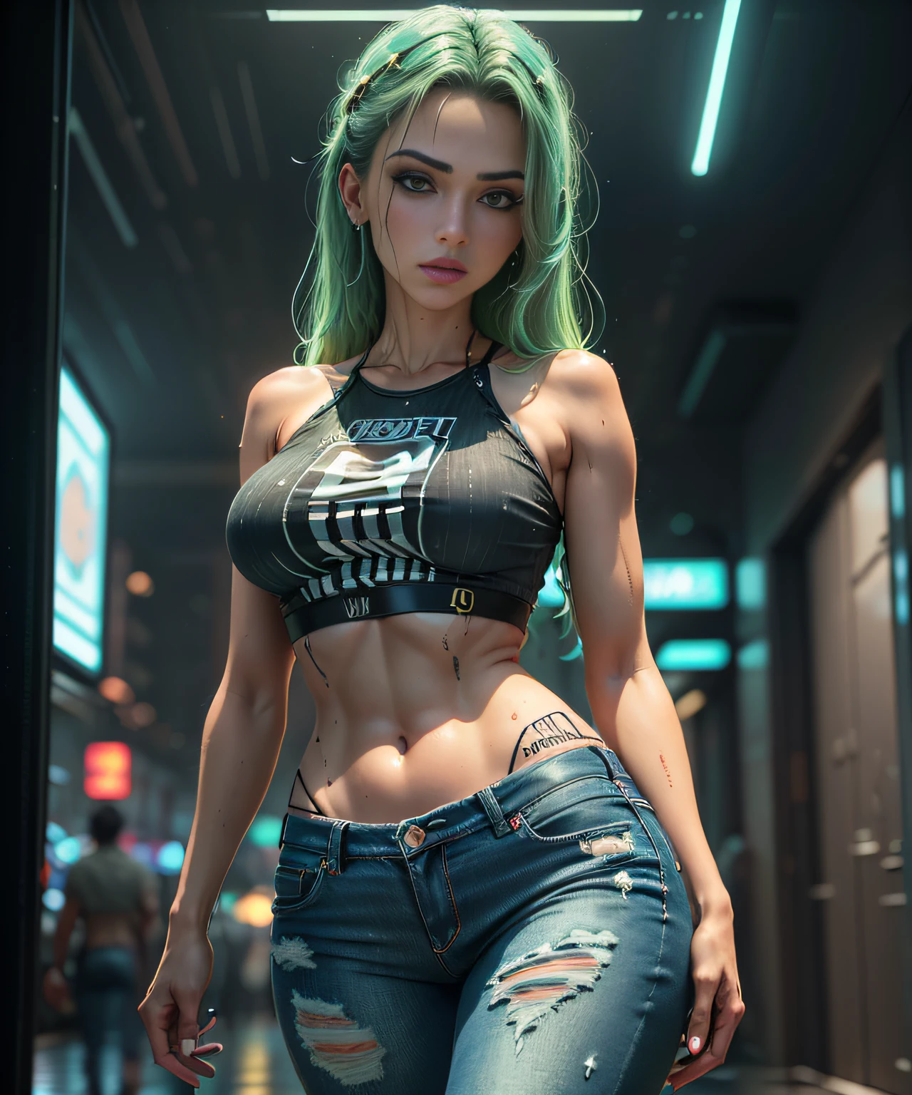 ((Melhor Qualidade)), ((Obra-prima)), (Detalhado: 1.4), 3D, cyberpunk, Beautiful woman with medium breasts, olhos verdes, vestida com camiseta preta, wet jeans, extremamente sexy, detalhados, olhos bonitos, olhos detalhados, dedos bonitos