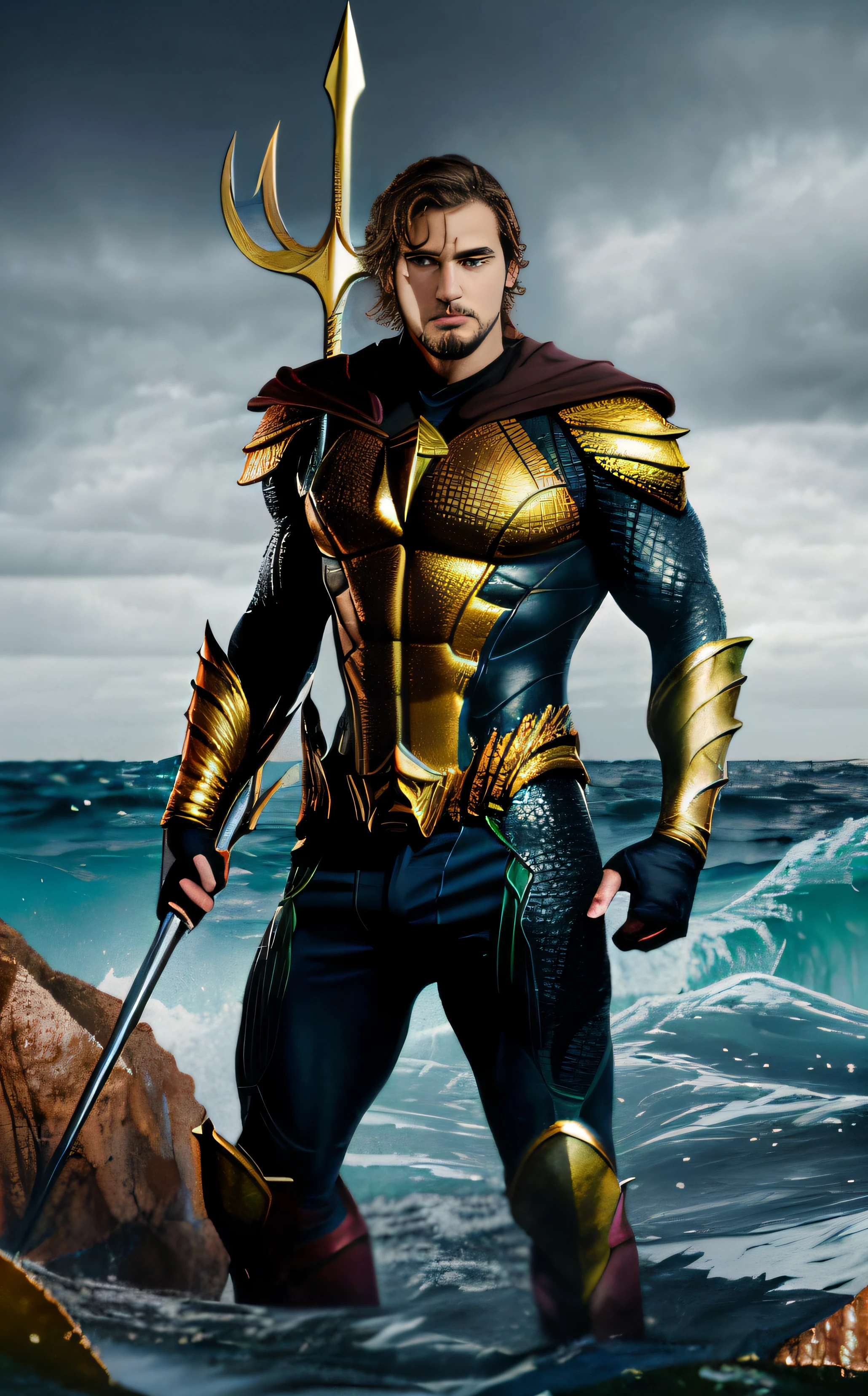 Sixteen-year-old boy,Aquaman juvenile body,Holding a sapphire blue trident,Standing on a reef by the sea,thunderstorm,tidal waves,short haircut,brush cut,Boyish looks