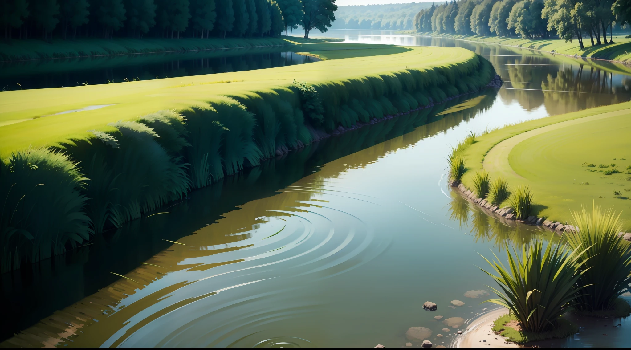 River side,grassy fields,lakes,rios,ripples,green color,blue colors,peacful,Dark tone,Strong contrast
