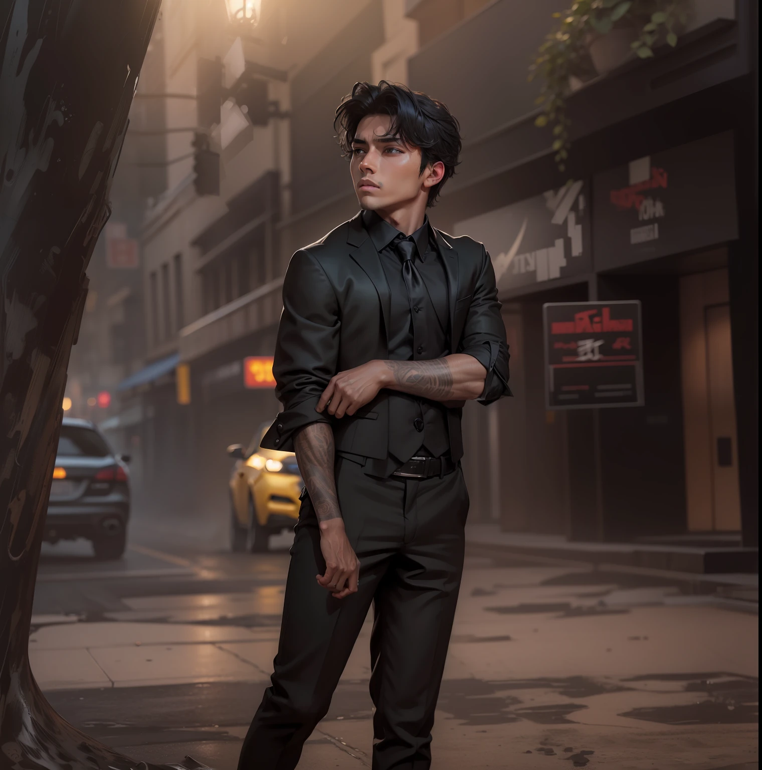 A boy in los Angeles, in black colour suit, gangstar and handsome look and 8k