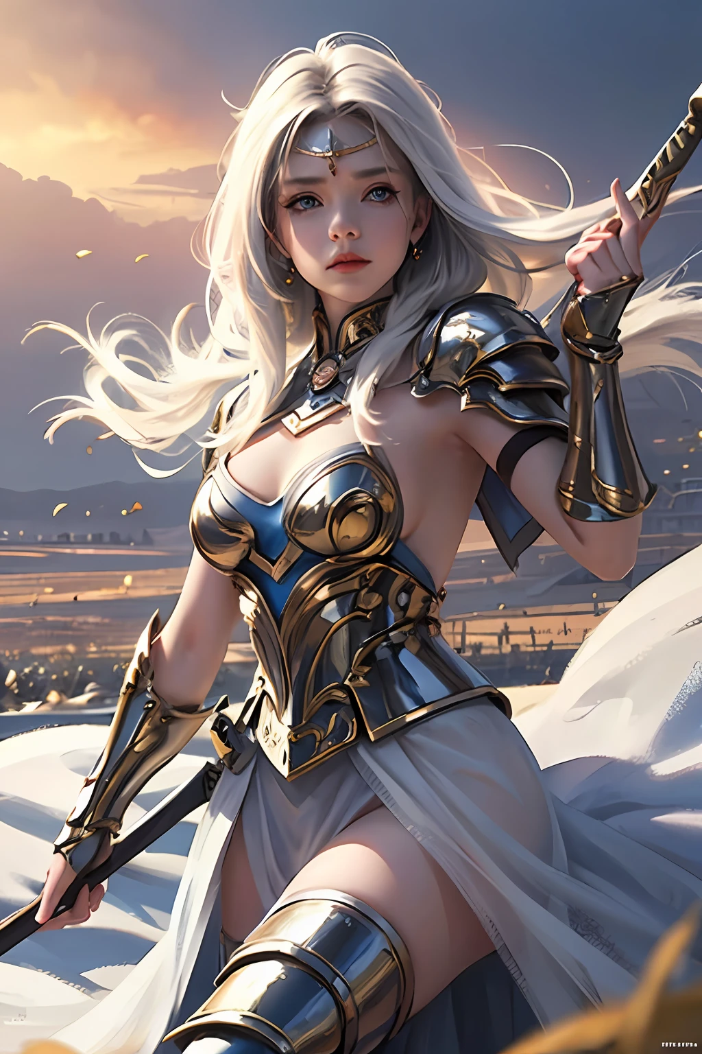 (masterpiece), (best quality), 1girl, beautiful girl, female warrior, battle field, white armor, blue eyes, cinematic light