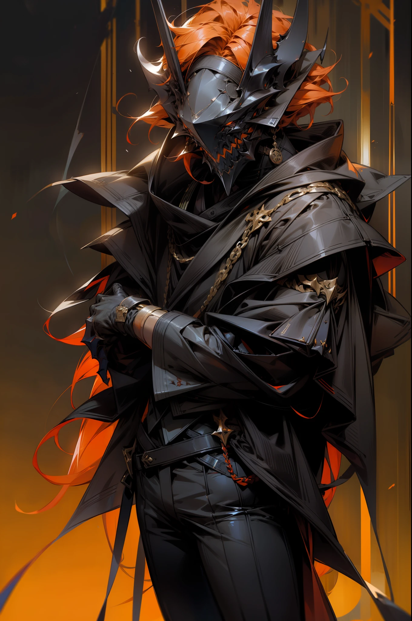 pure black creature using a devil mask with short orange hair using human clothes, male gender