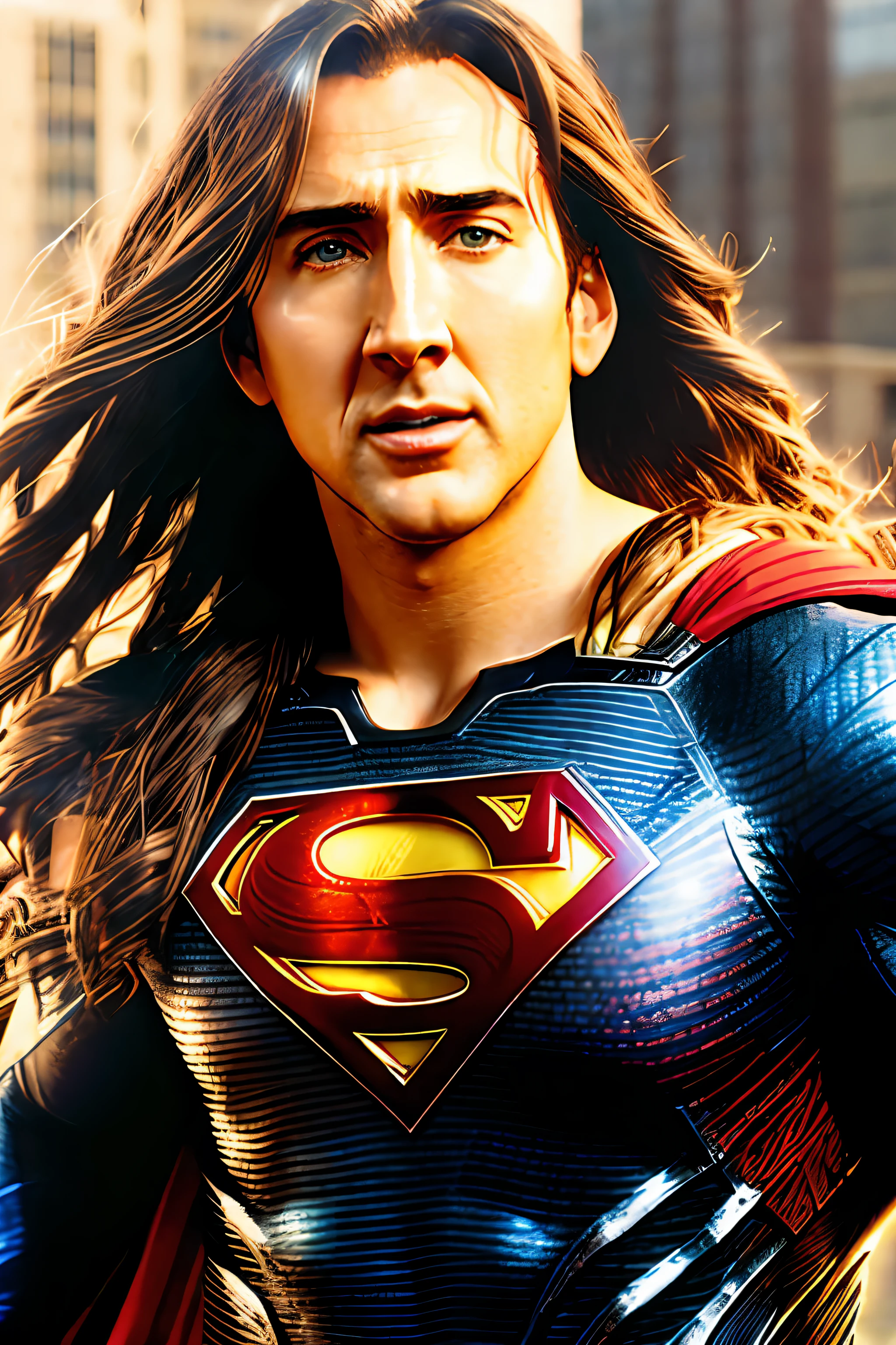 superman is standing in front of a building with his cape up, nicholas cage as superman, superman, nicolas cage as superman, textless, superhero, fan art, super hero, supergirl, justin hartley as superman, tomcruise!!!, amazing, herry cavill, awesome, sheild, henry cavill!!!, tom hanks as superman, hero, hybrid of gal gadot