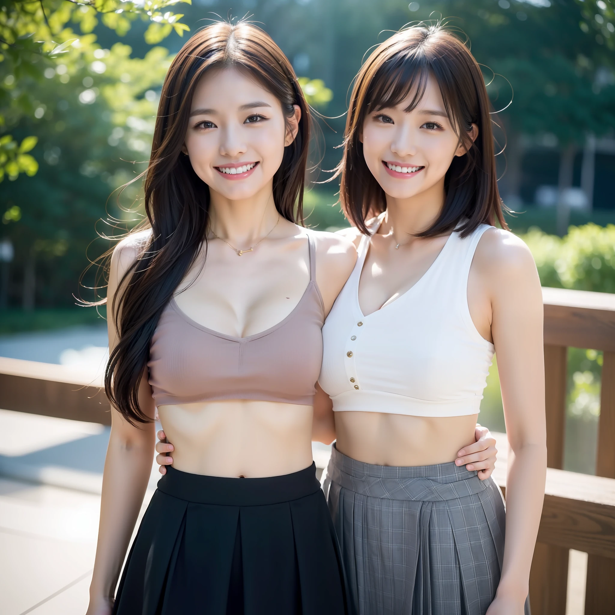 (in 8K, Raw photo, 超A high resolution, Best Quality, masutepiece:1.2), (realistic illustration), (the Extremely Detailed CG Unity 8K Wallpapers), absurderes, 2 girls in, 18 yo, Beautiful face, Large breasts, Black medium hair, Smile, Tilting head, grin, Upper body, Deep V-neck tight fit tube top, skirt by the, a park, Upper body, AKB48 Idol, modeled