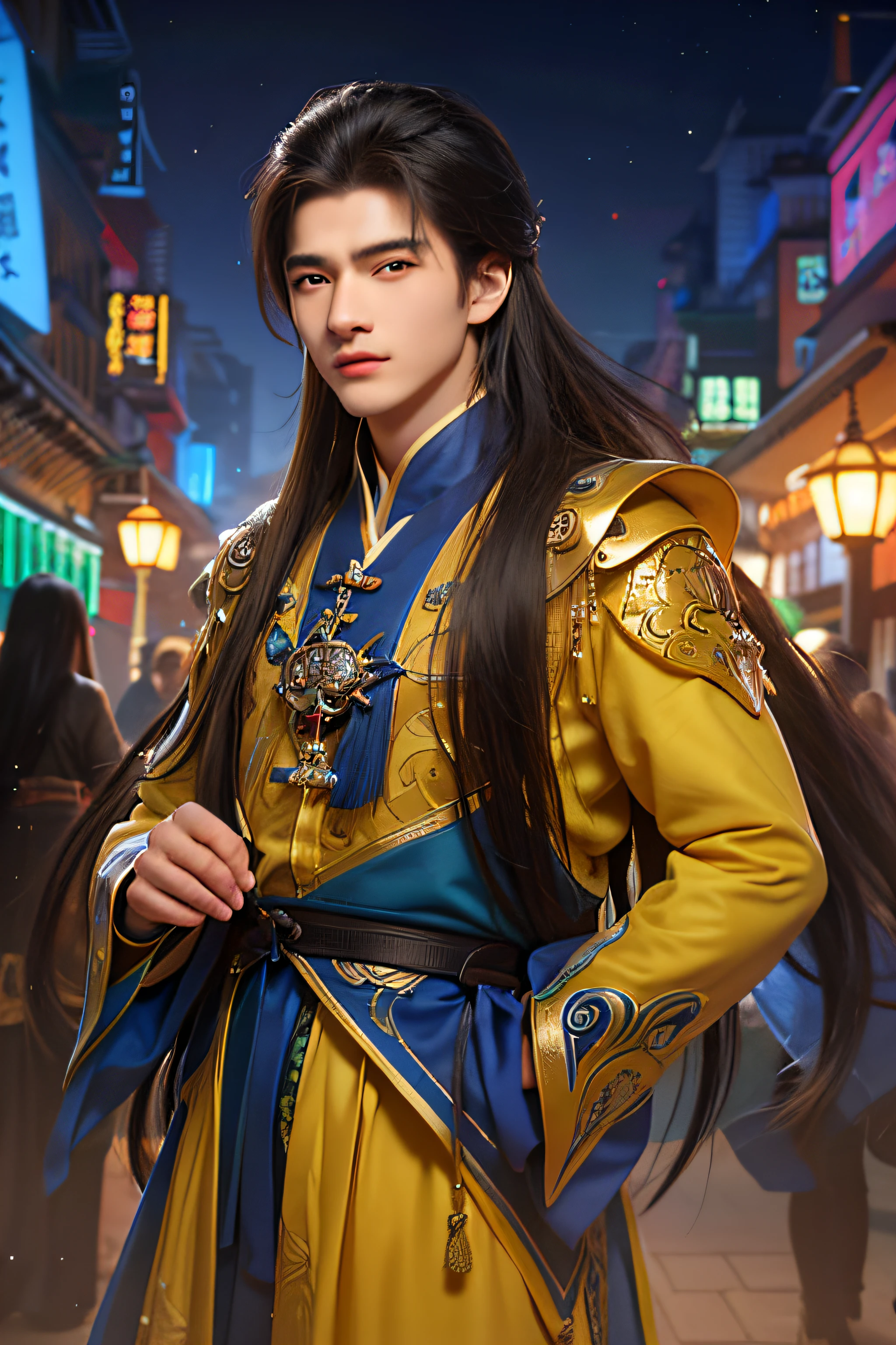 Close-up of a man dressed in yellow and blue, inspired by Wu Bin, Inspired by Huang Shen, inspired by Yang Jin, inspired by Wu Li, inspired by Zhang Sengyao, inspired by Li Kan, Inspired by Zhang Han, inspired by Huang Gongwang, inspired by Huang Ding, inspired by Fan Kuan, inspired by Gong Xian