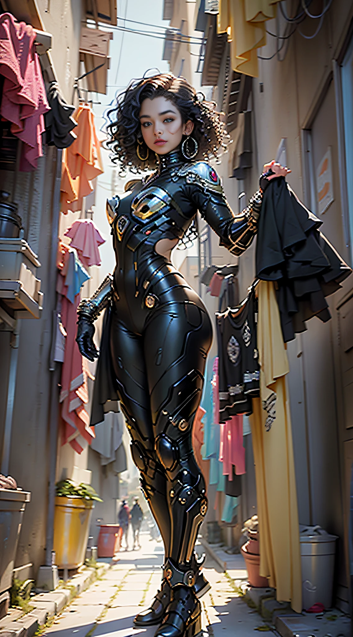 HD masterpiece, curly hair wavy, brown skin Hispanic Latina female, wearing black panther, suit, marvel, MCU, (1girl:1.3), solo,_body-parts__, official art, unity 8k wallpaper, ultra detailed, beautiful and aesthetic, beautiful, masterpiece, best quality, RAW, masterpiece, super fine photo,, best quality, super high Resolution, photorealistic, sunlight, full body portrait, stunningly beautiful,, dynamic pose, delicate face, vibrant eyes, (side view)