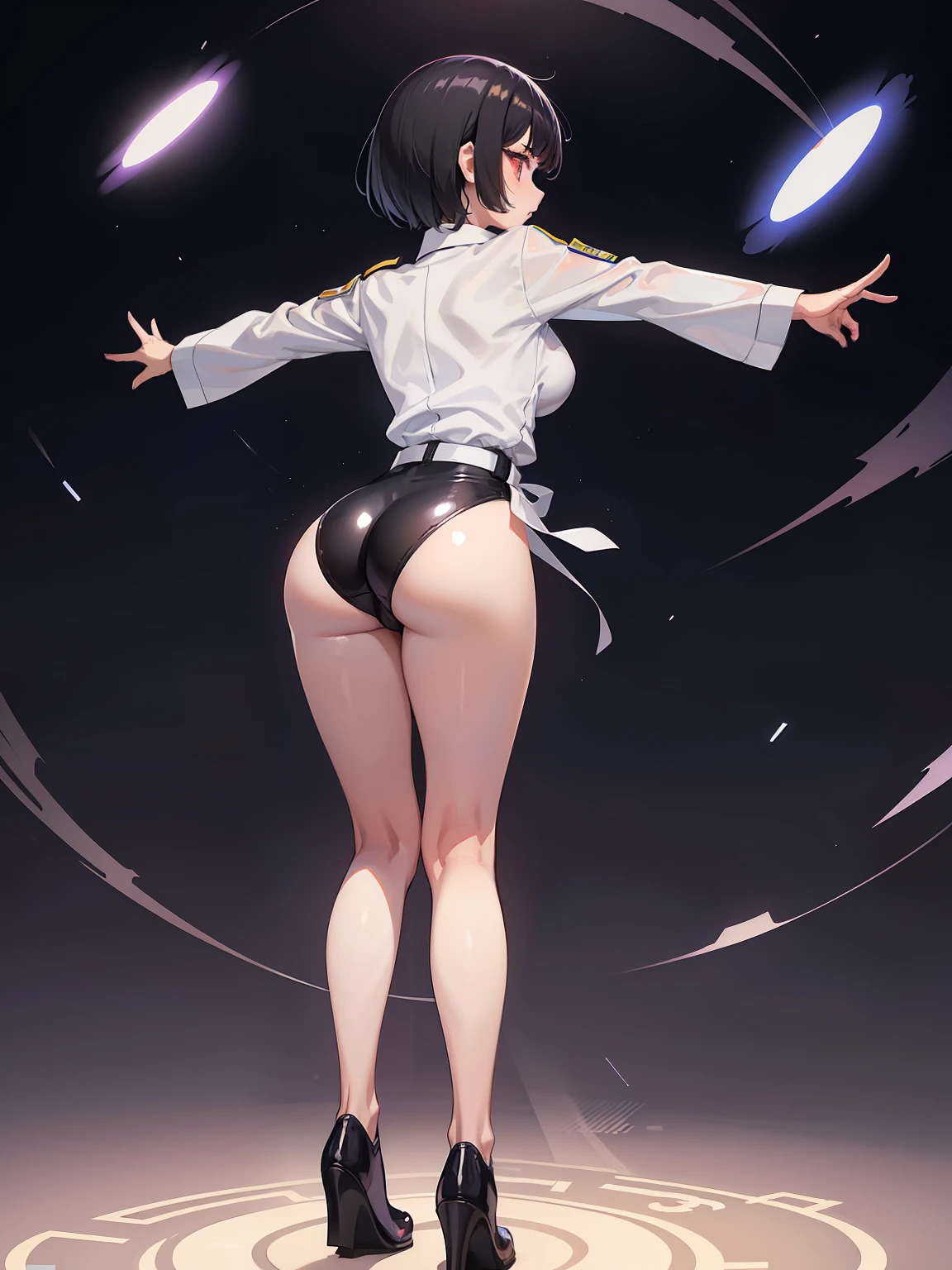 1girl, solo, short hair, jet black hair, purple eyes, (full body), standing, bangs, japanese police uniform, tokyo city backdrop, (white shirt), (black tie), matching shoes, medium breasts, 20 age, badge, twirl pose, spinning energy pulse, back view, light particles, blue and white leotard, bare legs