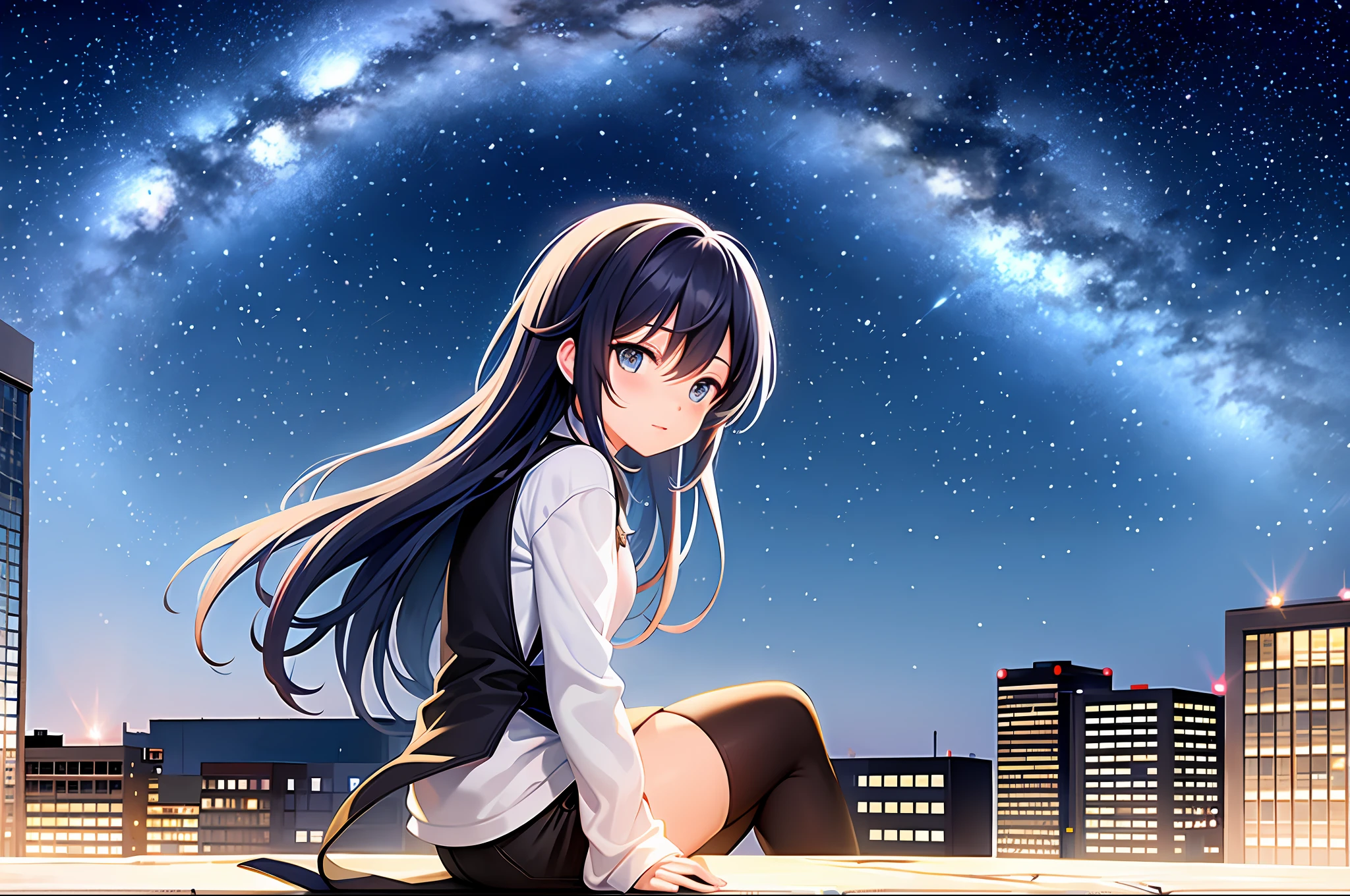 octane, sky, Star (sky), scenery, Starry sky, Night, 1girll, Night sky, Solo, Outdoors, signatures, Building, Cloud, Milky Way, Sitting, tree, Long hair, City, Silhouette, Cityscape