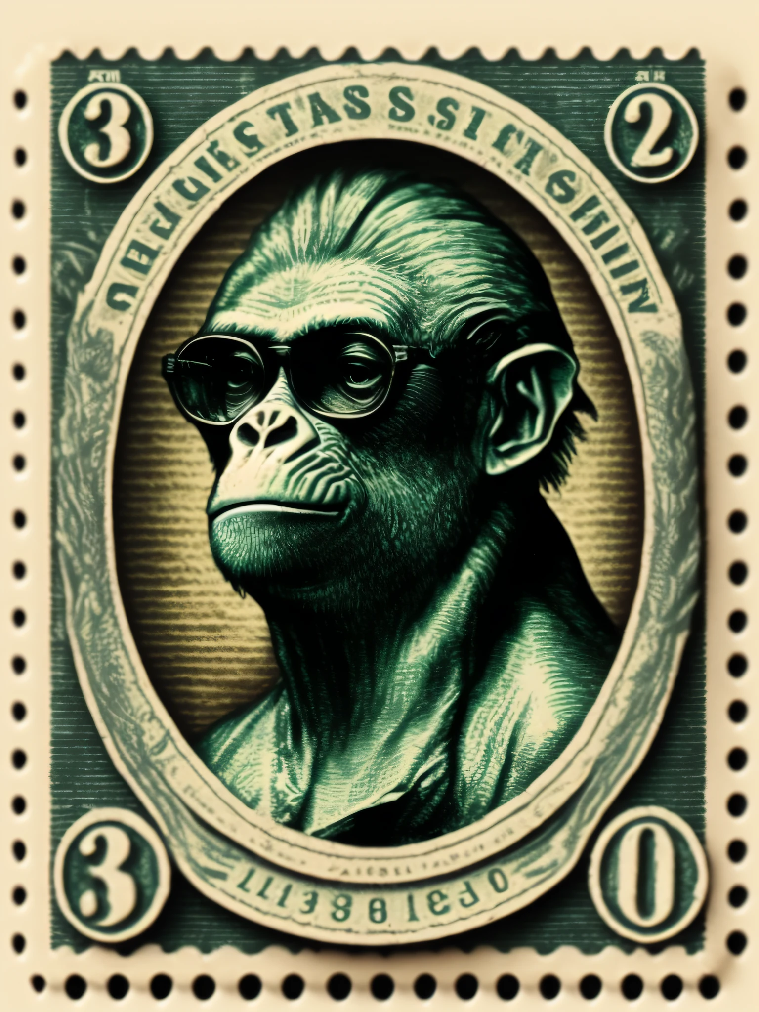 vintage Estados Unidos Selo Postal, Selo de 3 centavos, Chimpamzé wearing sunglasses, de terno e gravata, tonalidade verde, line recording, intaglio