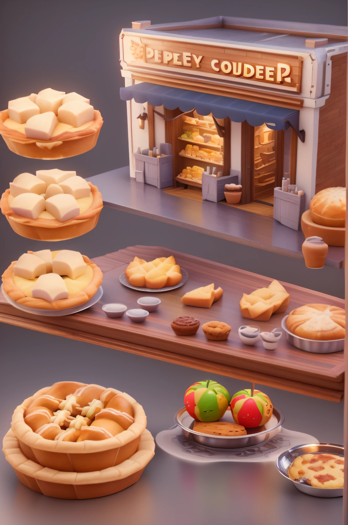 There are many different types of pies on display on the shelves, 3 d render stylized, Dream bakery interior environment, fantasy bakery, tabletop game props, 3d game art, 3d game art, game assets, game assets, super detail of each object, super realistic food picture, stylized 3d render, Stylized game art, realistic 3 d style