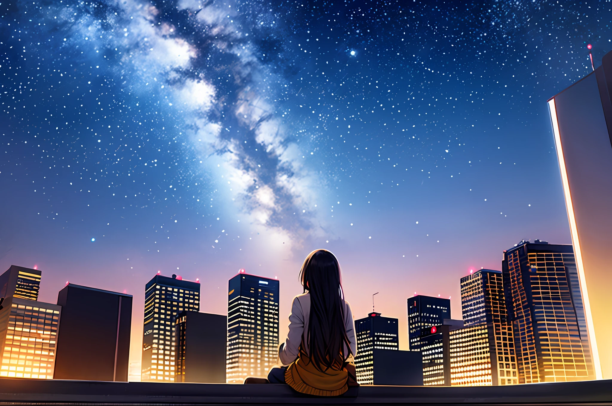 octane, sky, Star (sky), scenery, Starry sky, Night, 1girll, Night sky, Solo, Outdoors, signatures, Building, Cloud, Milky Way, Sitting, tree, Long hair, City, Silhouette, Cityscape