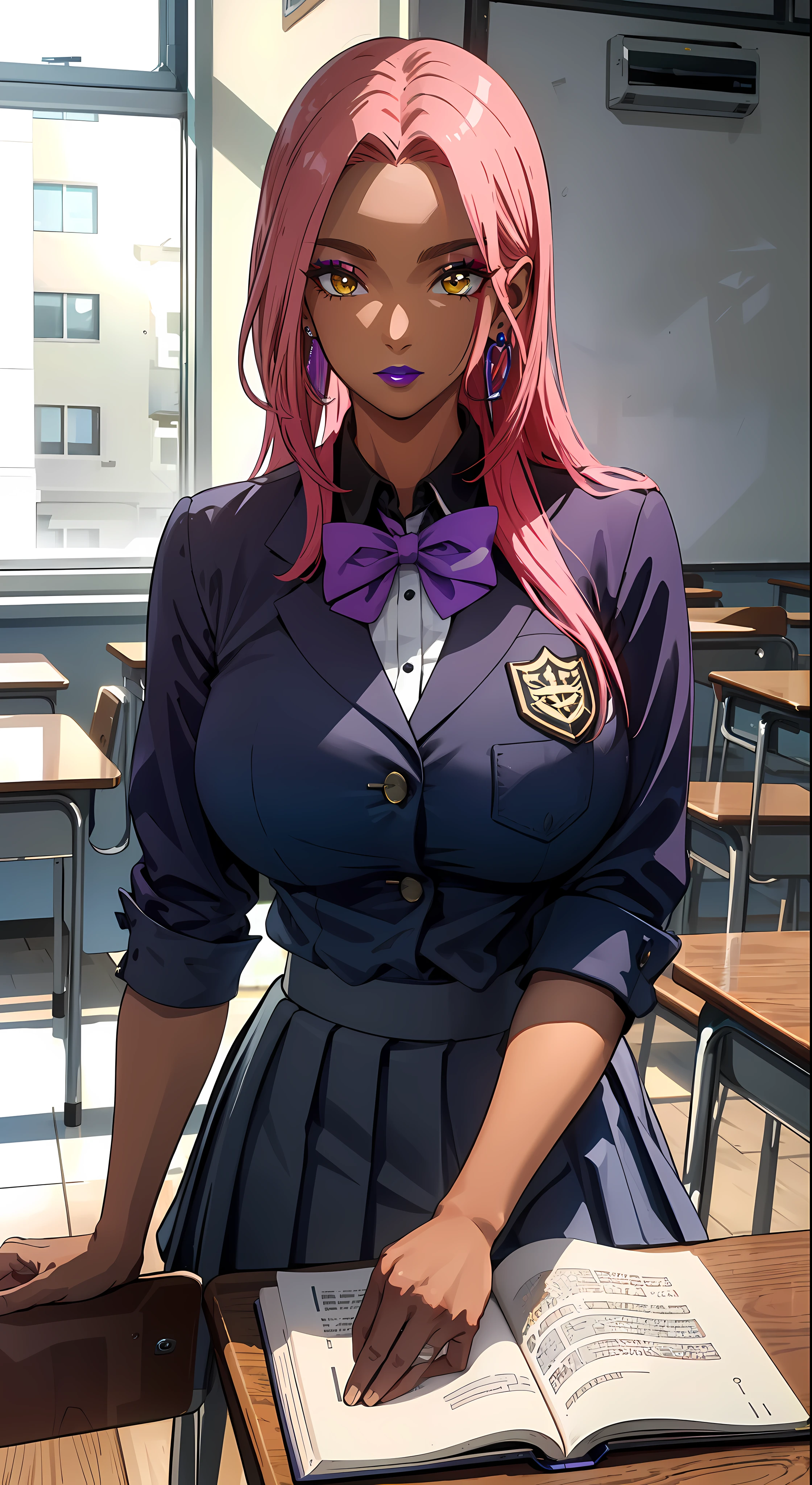 (masterpiece, highres, best quality:1.3), 8K, highly detailed, intricate, colorful, vibrant image, sharp focus, digital blending, 4K, trending on pixiv Ingrid, ((mid high school uniform)), solo, mature female, 40yo, milf, curvy, (dark skinned female:1.15), dark skin, posing, classroom, book, book on table, sitting on chair, leaning to table, (caring look:1.2), looking at viewer, cowboy shot, pink hair, very long hair, forehead, hair intakes, purple lipstick, makeup, mole under mouth, yellow eyes, perfect eyes, perfect face, ultra detailed hair, ultra detailed face, earrings, ultra detailed lips, large breasts, ultra detailed lipstick,