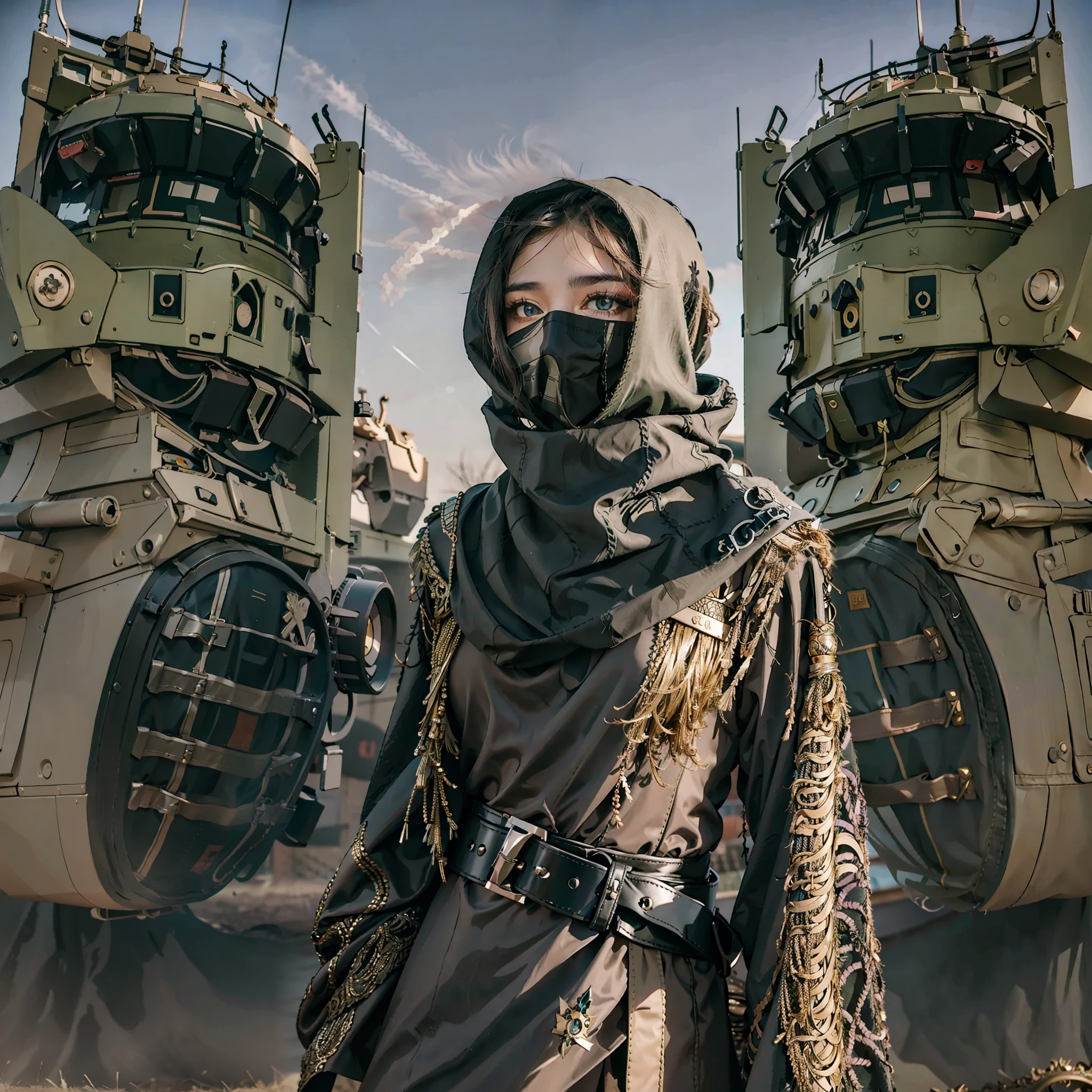 in a panoramic view，photorealestic，8K，Cyberpunk Arabian style，Arab Luxury Women's Military Academy，Luxurious décor，Fabric decoration，Weapon decorations， army car，fighter jets，helicoptere，Three beautiful Arab officers，Wearing the uniform of a modern Arab officer，Covered with an Arabian burqa（Burqa），Arabic hijab（hijabi sluty），Arabian veil（niqab），Black hood，Black mask，bound waist，masked，Only the eyes are exposed，Sharp eyes，Stand in a row at the military academy，Holding the military flag，All masked，Perfectcomposition，professinal，Meistwick，commissioned，best qualtiy，color corrected，After fixation，Retouching，Improvement，Epic，Tone-mapping，the detail， highly  detailed， digitial painting， art  stations， Conceptual map of the long dam， Smoothness， Sharp focus， Beautiful illustration， photore， The light from the back window is backlighted， 动态照明， Mist， 复杂， cinematic grain， professinal， face to the viewer，（Beautiful m3d_woman， Perfect M3D_face,）， Volumetriclighting， subsurfacescattering， Good highlights， Good shadows， cinematic ligh