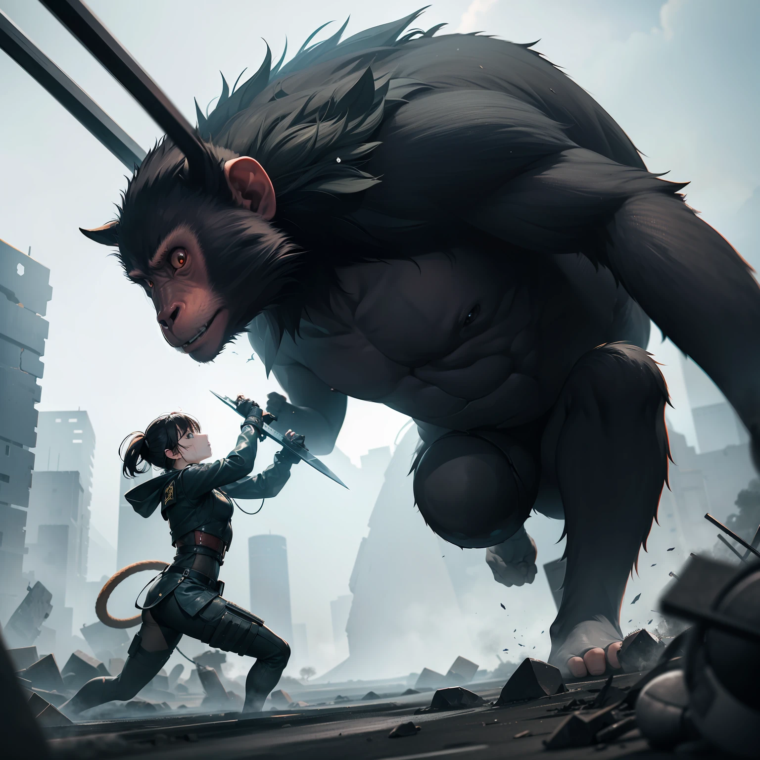 Try to visualize the dystopian future of 2500 years。There, monkeys and crabs face each other in a fierce battle on a devastated earth。Monkeys have distinctive weapons of agility and energy rods.、Crabs have strong defenses of large scissors and a protective shell.。Images in ultra-realistic style、Should be drawn in high detail and 16k resolution。The lighting is low and eerie、Highlighting the harsh realities of a dystopian world and high stakes of combat。The shot is a close-up that focuses on the fierce facial expressions of the combatants.、Should be taken with a high-resolution lens。--ar 16:9 --v 5.1 --style raw --q 2 --s 750