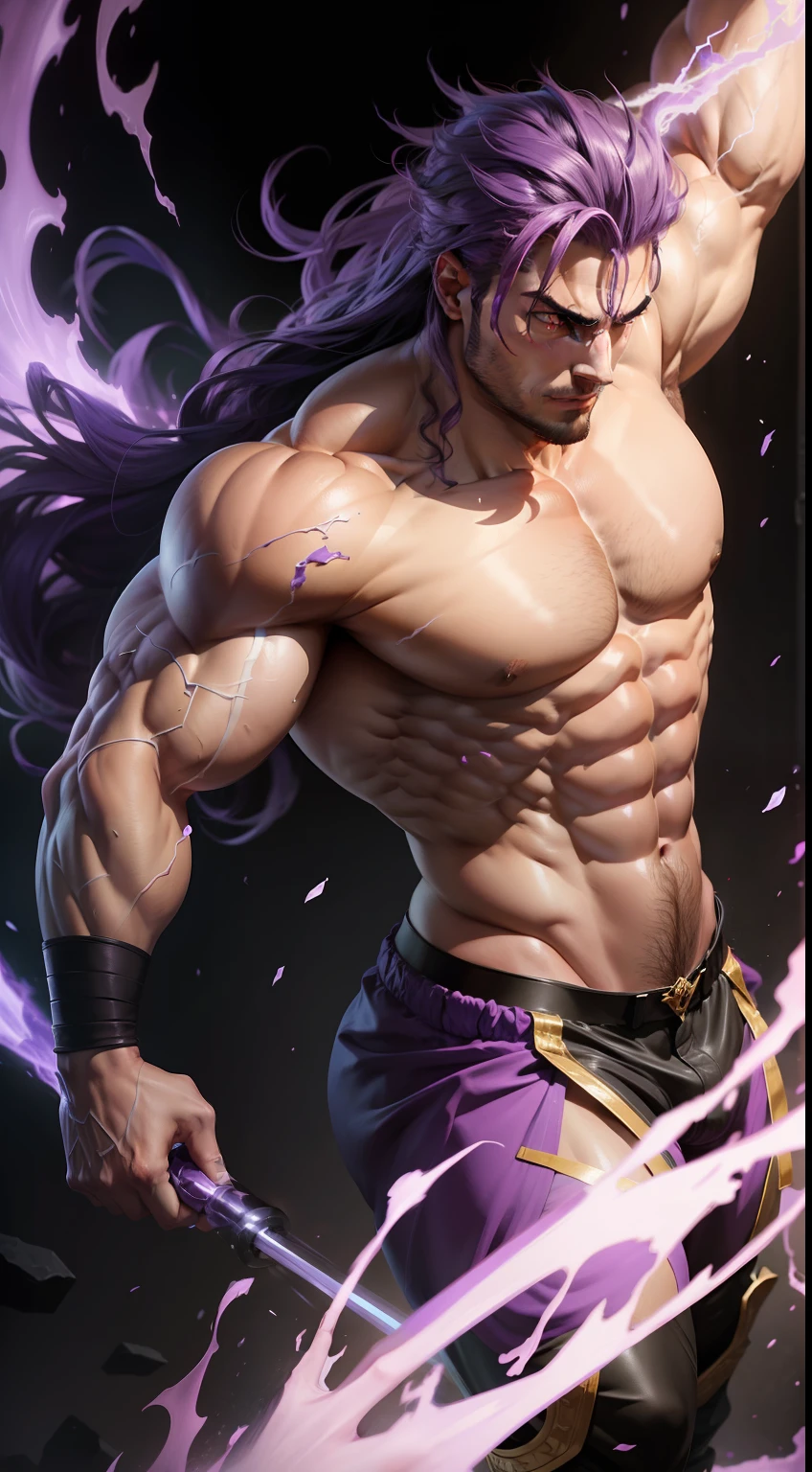 A muscular god with purple hair, using his powers.