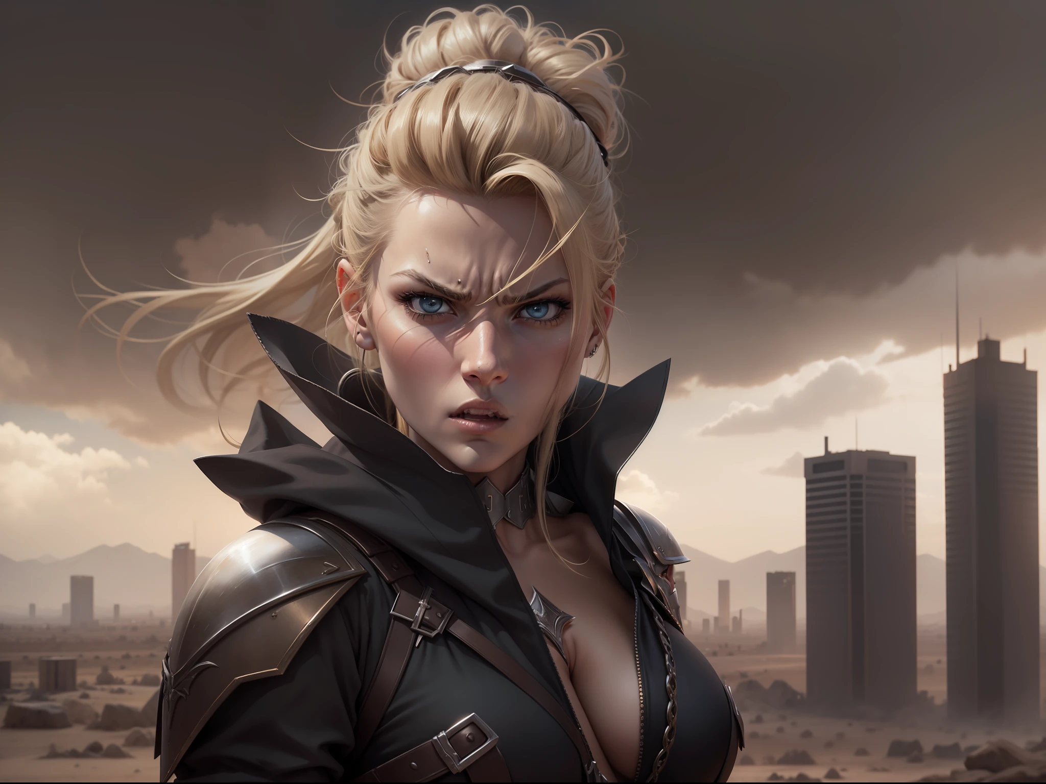 realistic image of beautiful blonde woman, light eyes, strong, severe bun hairstyle, dressed in black RPG warrior clothes with silver shoulder pads, angry expression, on top of a tall building in a desert town in brown tones