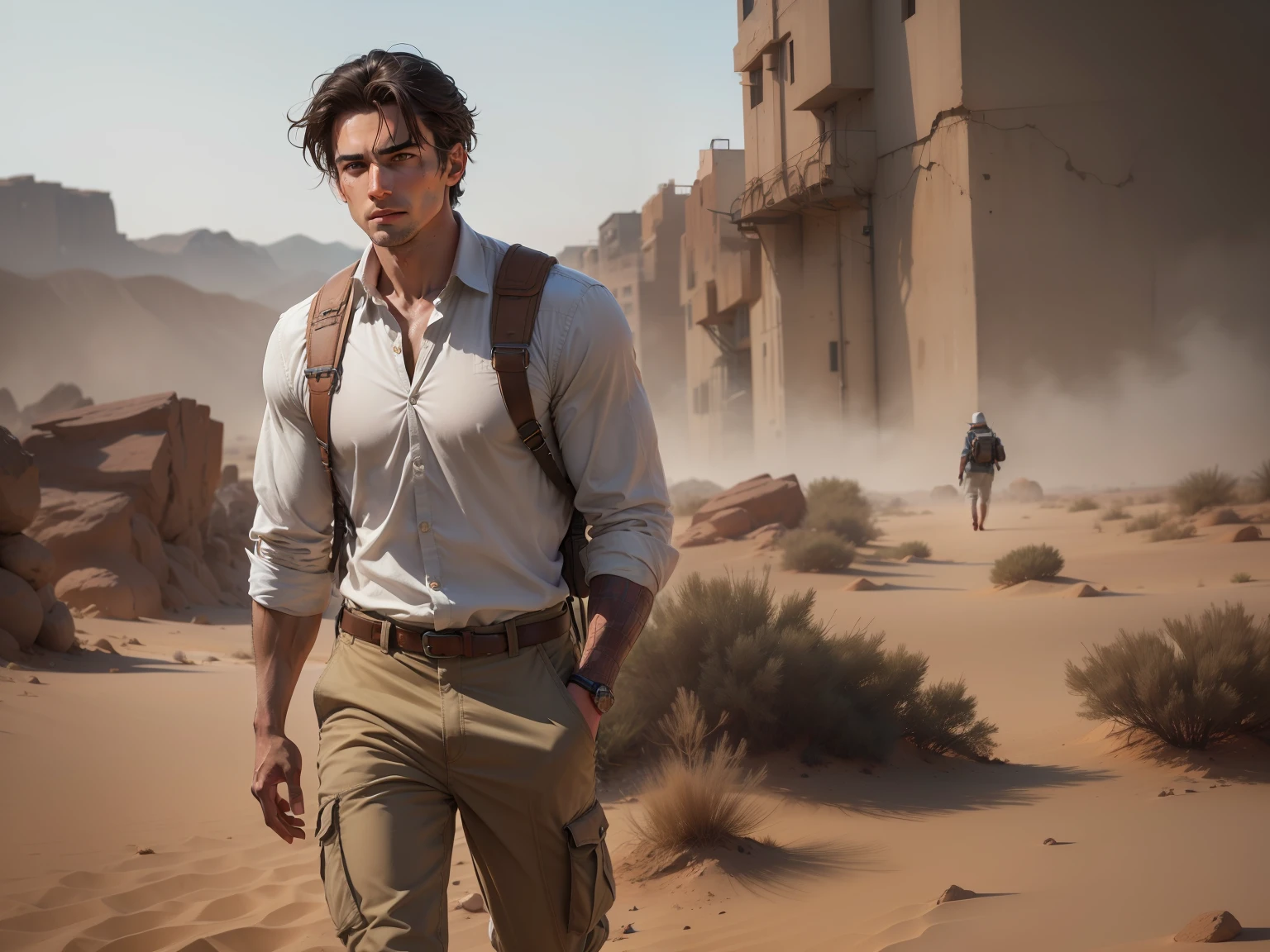 long shot, short dark hair clean shaven combed back, 30 year old masculine Man, dusty white clothes real hero dust and rust color at edges of clothes, long sleeve dress shirt light khaki cargo style pants sand and rust color along edges, dynamic striding action pose, on guard of the enemy, Arc Angel Michael , dusty atmosphere rusty light-brown dry dystopian background rocky desert mountain terrain blue sky puffy white clouds, 24k resolution hyper detail photorealistic, perfect hands, hyper-detail dusty rumpled clothes backpack over one shoulder.
proportional eyes, (realistic:1.5),photorealistic, hyper realistic, (extremely detailed eyes), hyper detailed, soft lighting, (detailed background), extreme detail background, sharp details, ((full body)), female spider-man ripped open front of costume to reveal breasts, flushed face, hanging from side of building
