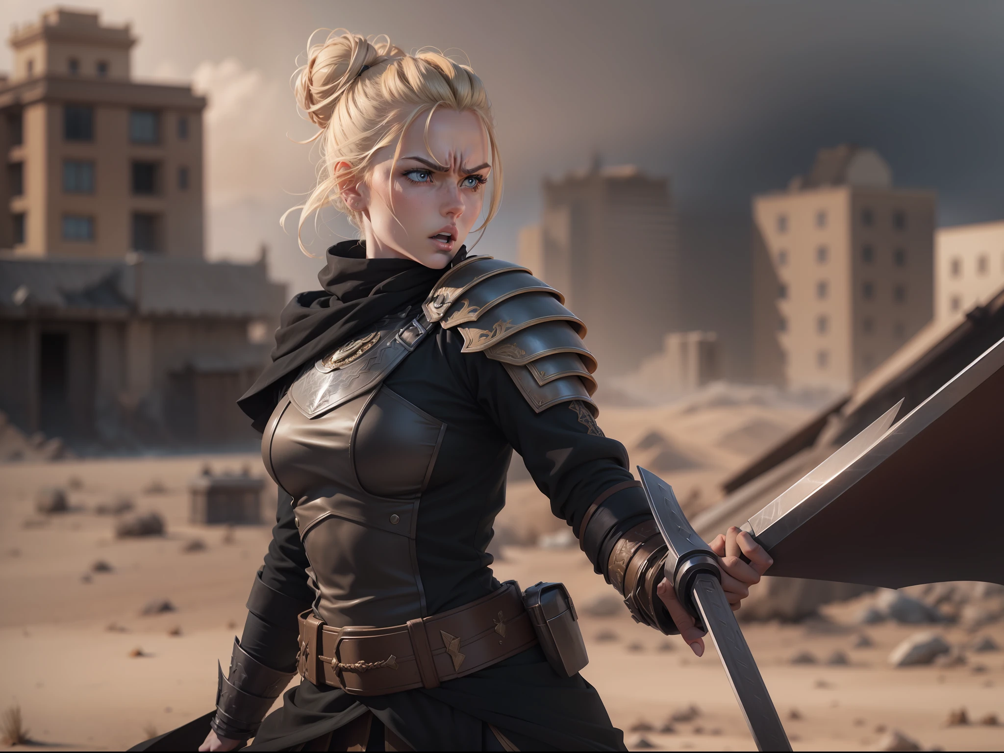 realistic image of beautiful blonde woman, light eyes, strong, severe bun hairstyle, dressed in black RPG warrior clothes with silver shoulder pads, angry expression, on top of a tall building in a desert town in brown tones
