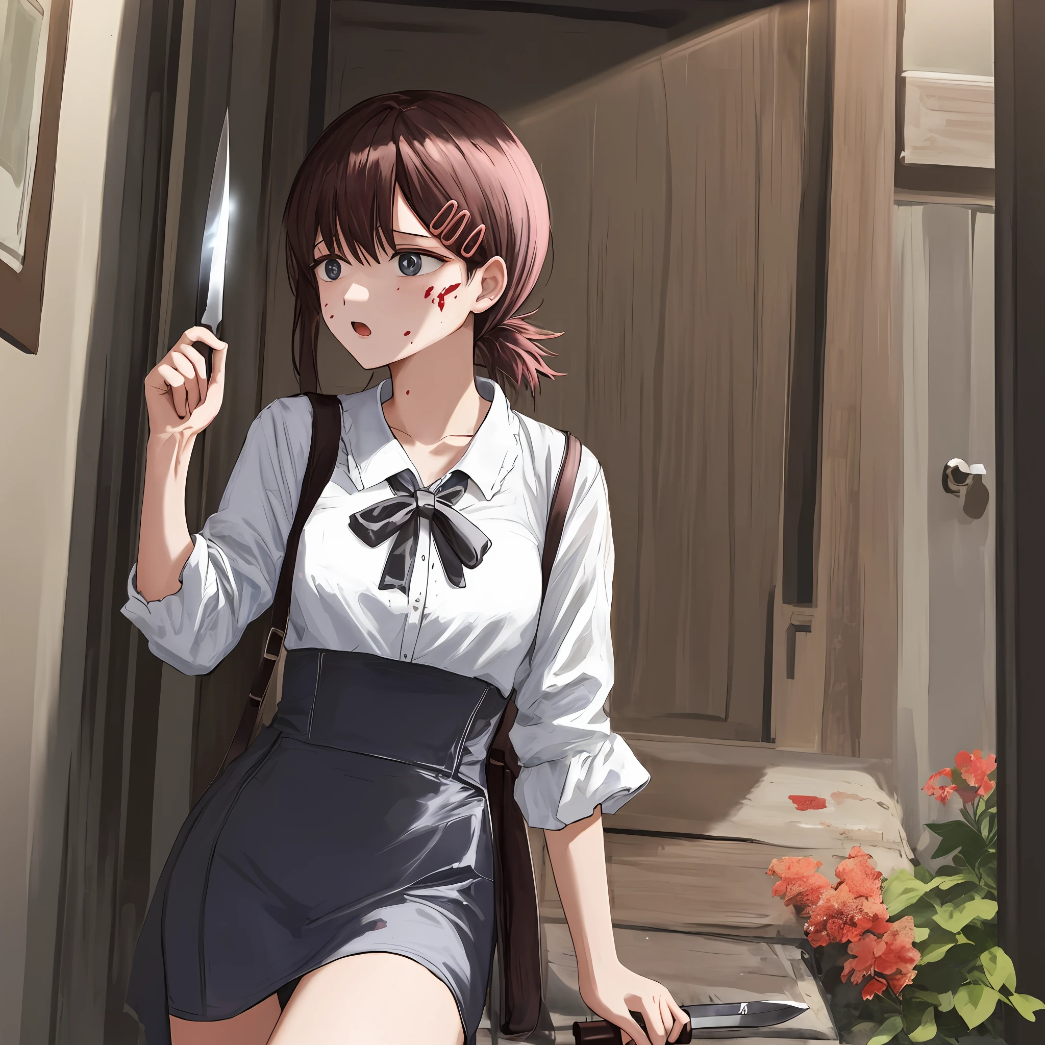 Sick girl,There is a knife in the hand,blood in face