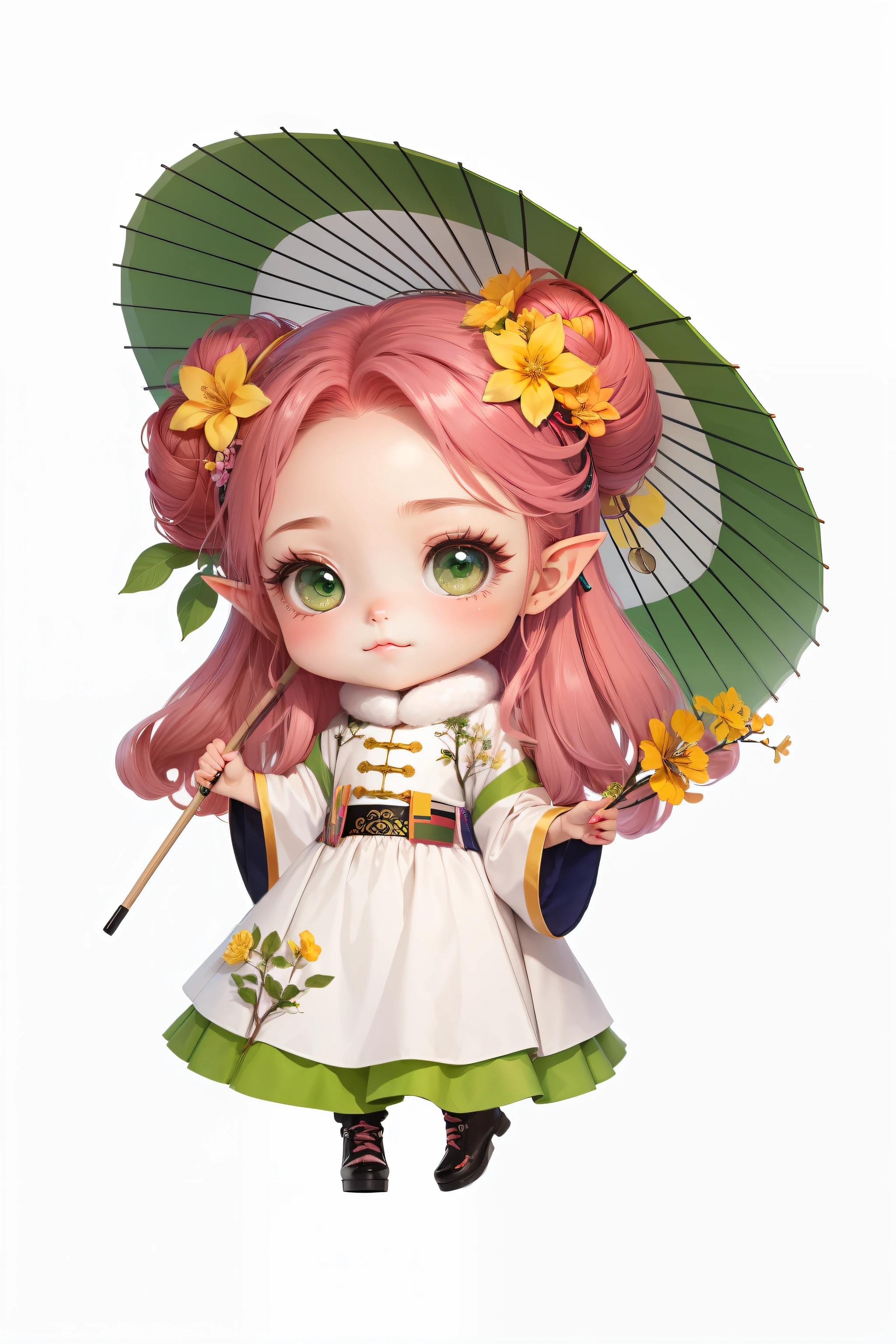 Refinement，8K,Girl with pink hair and green umbrella holding spring flowers, There are decorations on the top of the head，There are green ethnic style hairpins on both sides of the bun，Hanfu,  Fur collar，cute character, anime chibi, chibi girl, Elf girl in Hanfu floral dress, Kawaii chibi, Chibi anime girl