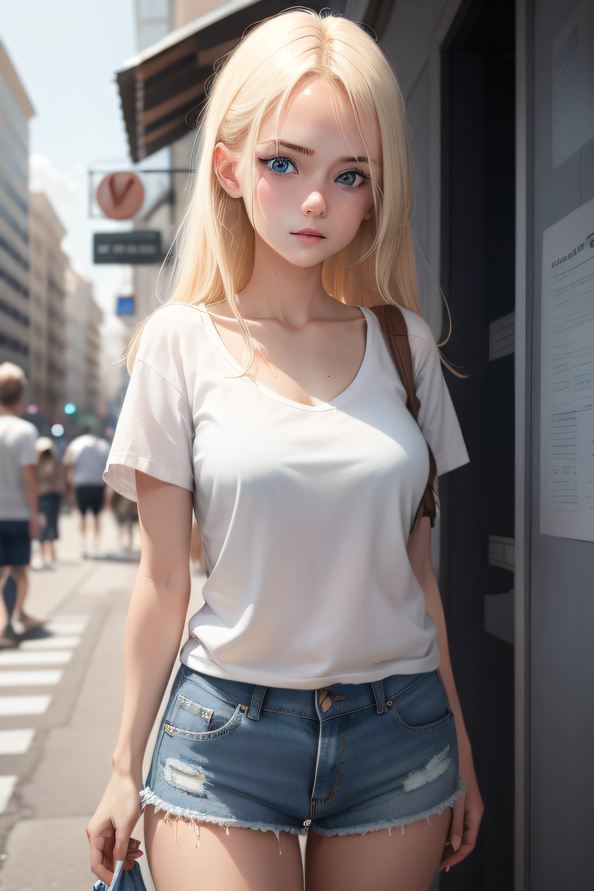 1girl, blond hair, blue eyes, wearing plain white shirt, denim shorts, city, absurdres, high res, ultrasharp, 8K, masterpiece, looking at viewer