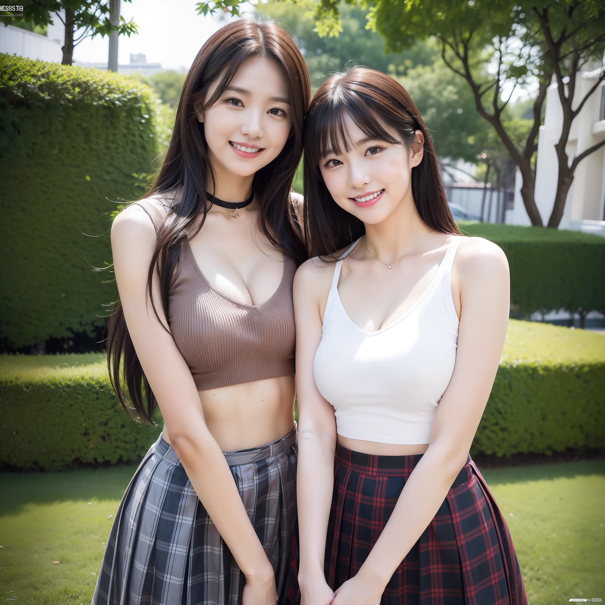(in 8K, Raw photo, 超A high resolution, Best Quality, masutepiece:1.2), (realistic illustration), (the Extremely Detailed CG Unity 8K Wallpapers), absurderes, 2 girls in, 18 yo, Beautiful face, Large breasts, Black medium hair, Smile, Tilting head, grin, Upper body, Deep V-neck tight fit tube top, skirt by the, a park, Upper body, AKB48 Idol, modeled