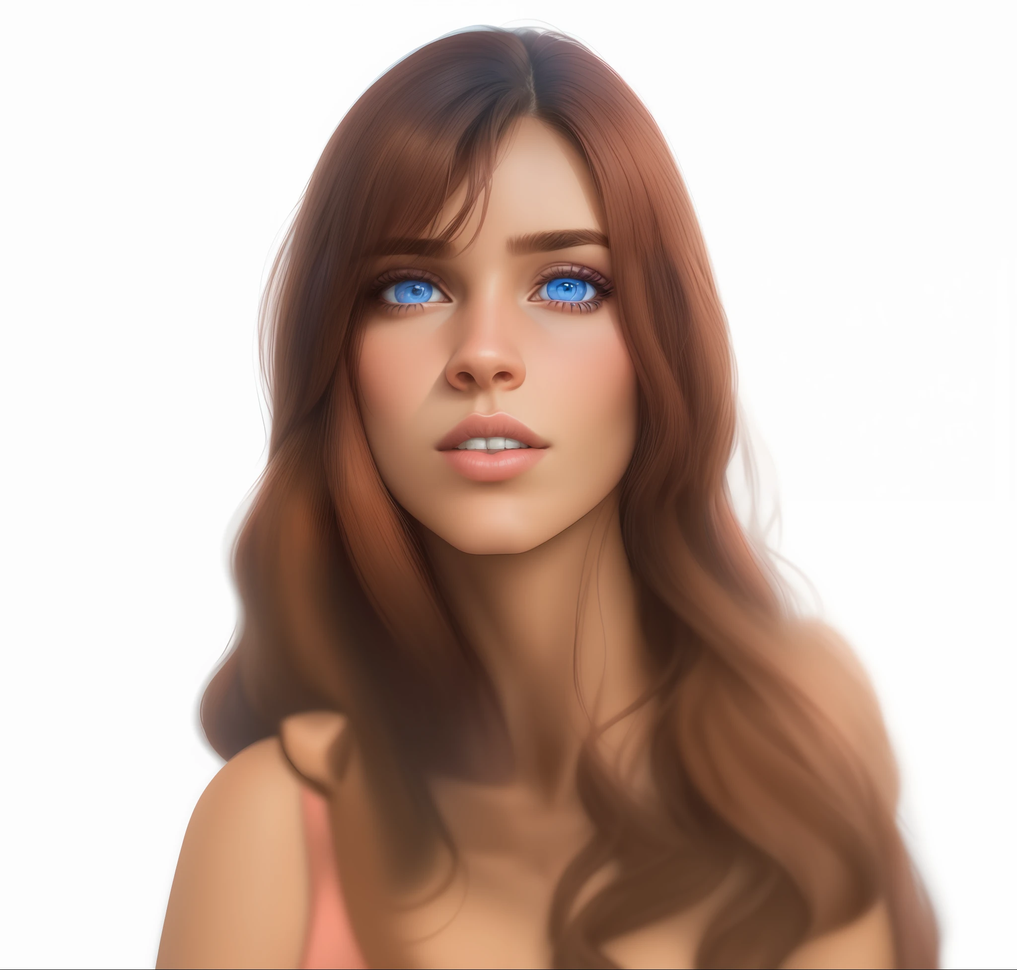 Latina woman, 25 years old, Brown long hair, blue eyes, pink shirtt, blue background, realistic portrait, 8k, debut work