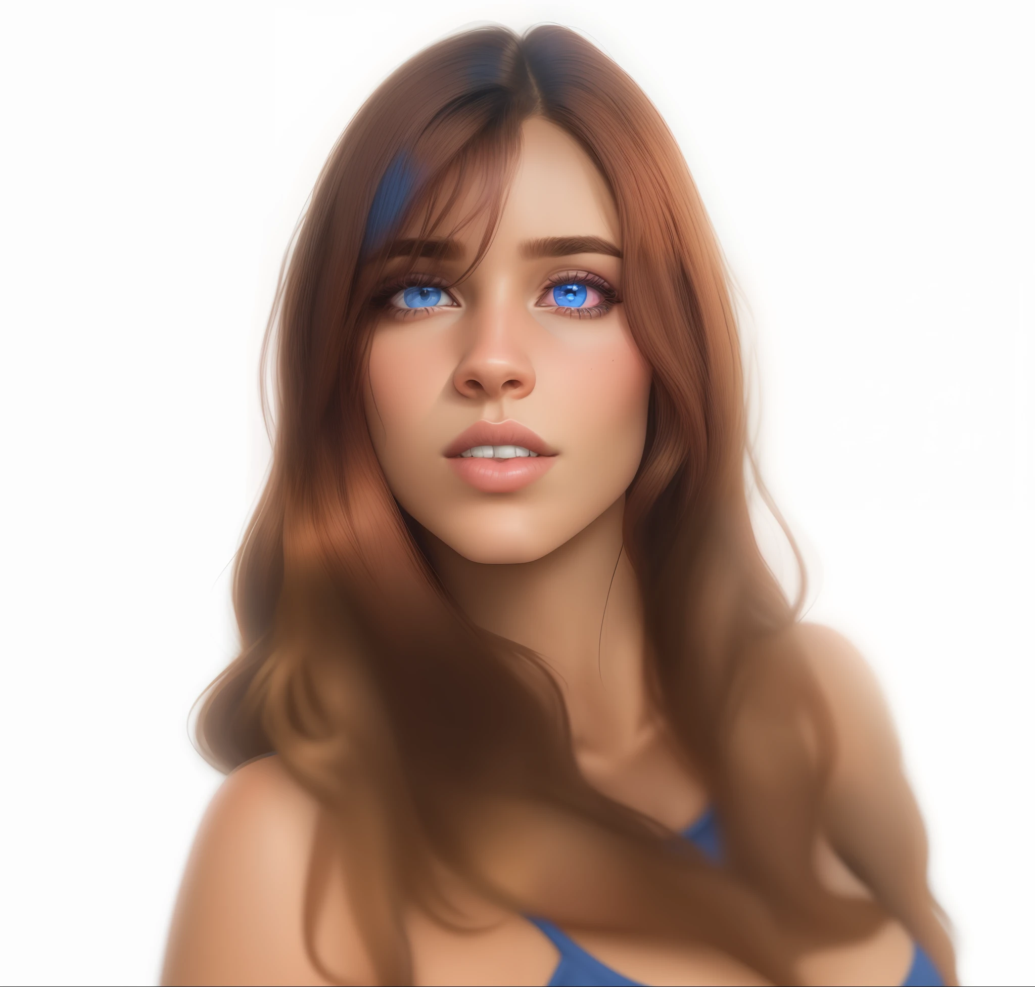 Latina woman, 25 years old, Brown long hair, blue eyes, pink shirtt, blue background, realistic portrait, 8k, debut work