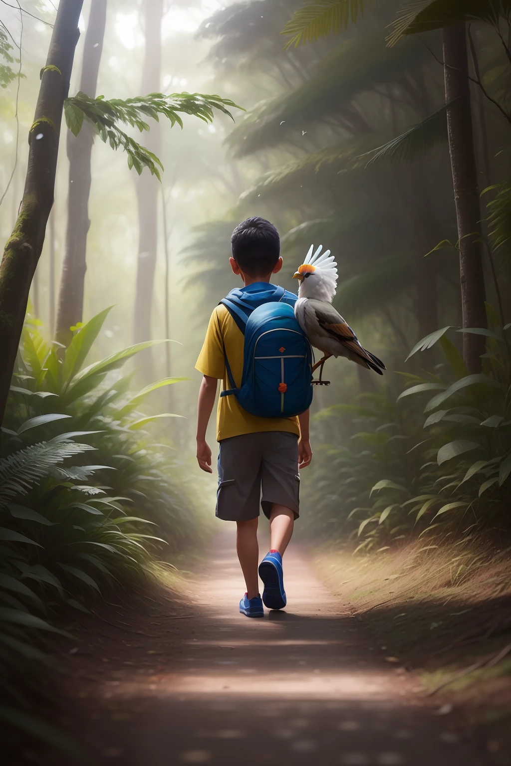 There's a boy walking down a path with a bird on his back, inspirado em Rudy Siswanto, Directed by: Rudy Siswanto, aventura render hiper realista, Caminhando na floresta, Passeando na floresta, desfrutando de um passeio na floresta, Arte infantil em Artstation, Caminhando na floresta, no caminho da selva da floresta, em uma floresta tropical, no caminho da floresta