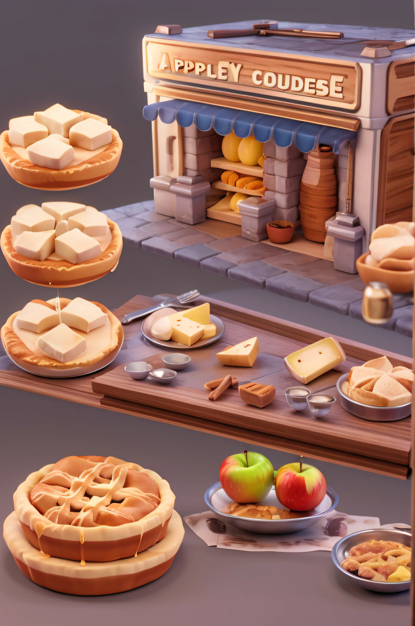 Cartoon-style apple pie，cheeses，Applesauce，Cinnamon powder，Dutch cuisine，casual game style，3D icons，stylised，Oblique 45 degree angle，Clean background，A small amount of detail，Cartoon Casual，3 d model，Volumetric lighting，Global illumination，Ray traching，Unreal Engine5，3Drenderingof，k hd，16K