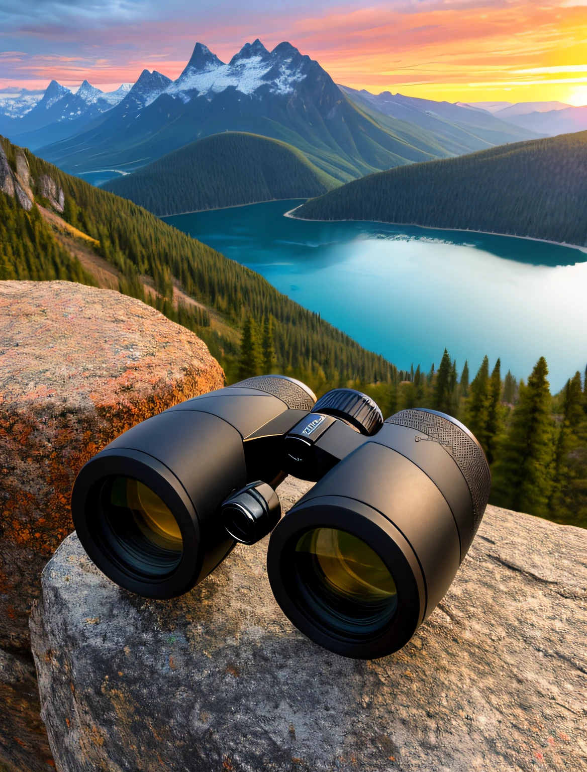 Binoculars on rock,The background is a mountain lake,There is a sunset