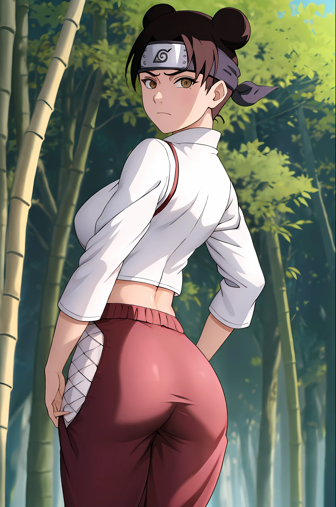 masterpiece, absurdres , (intricate details), (colorful),cinematic lighting,bust shot,extremely detailed CG unity 8k wallpaper,tenten\(shippuden\), 1girl, solo, hakama pants, (white shirt), medium breasts, hand on hip,forehead protector, konohagakure symbol, headband,  looking at viewer, outdoors, bamboo forest,  frown, (((tight fitting clothes))), ((midriff)), skinny, ((sleeveless)), ((tight ass)),