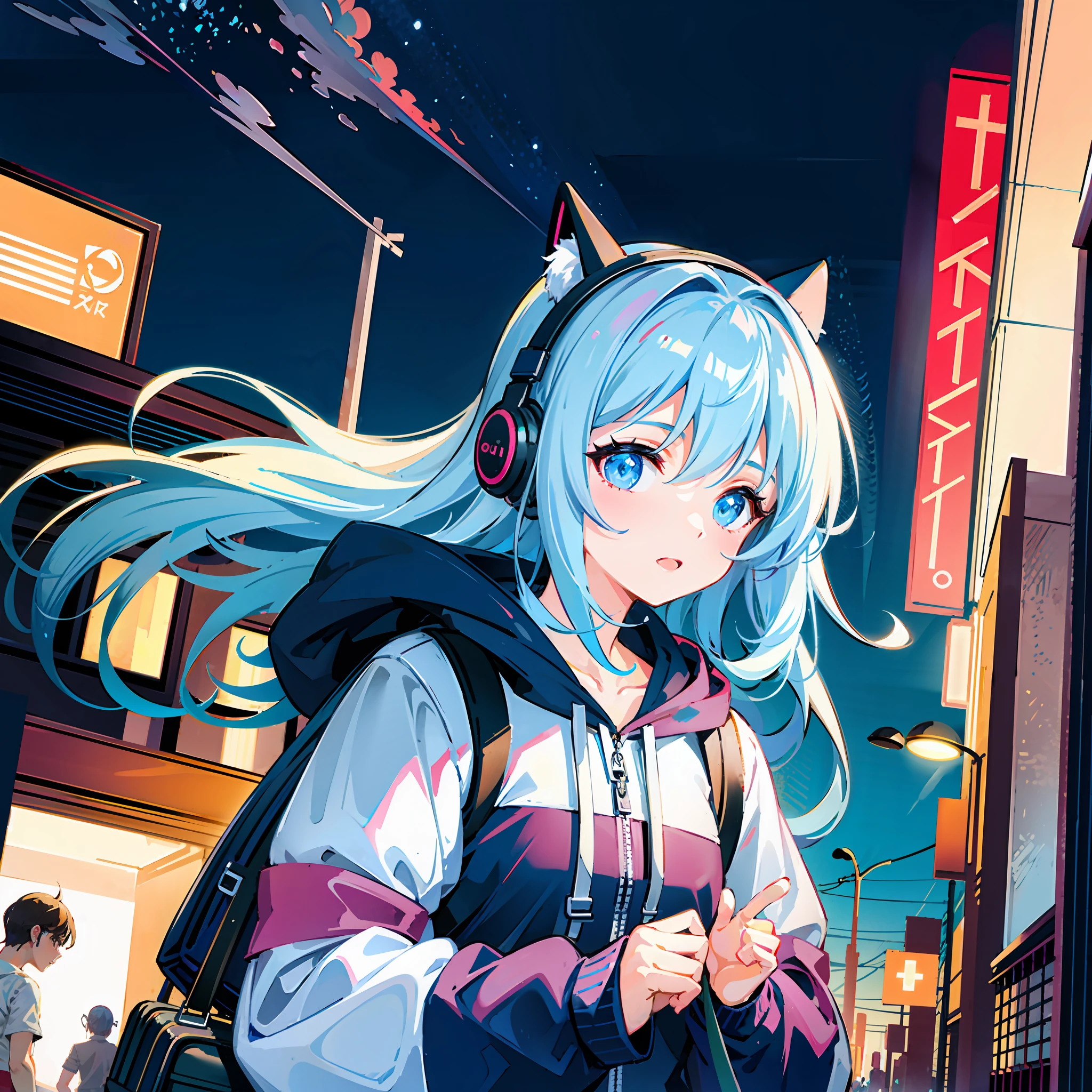 masterpiece, girl one, solo, incredibly absurd, hoodie, headphones, street, outdoor, neon,