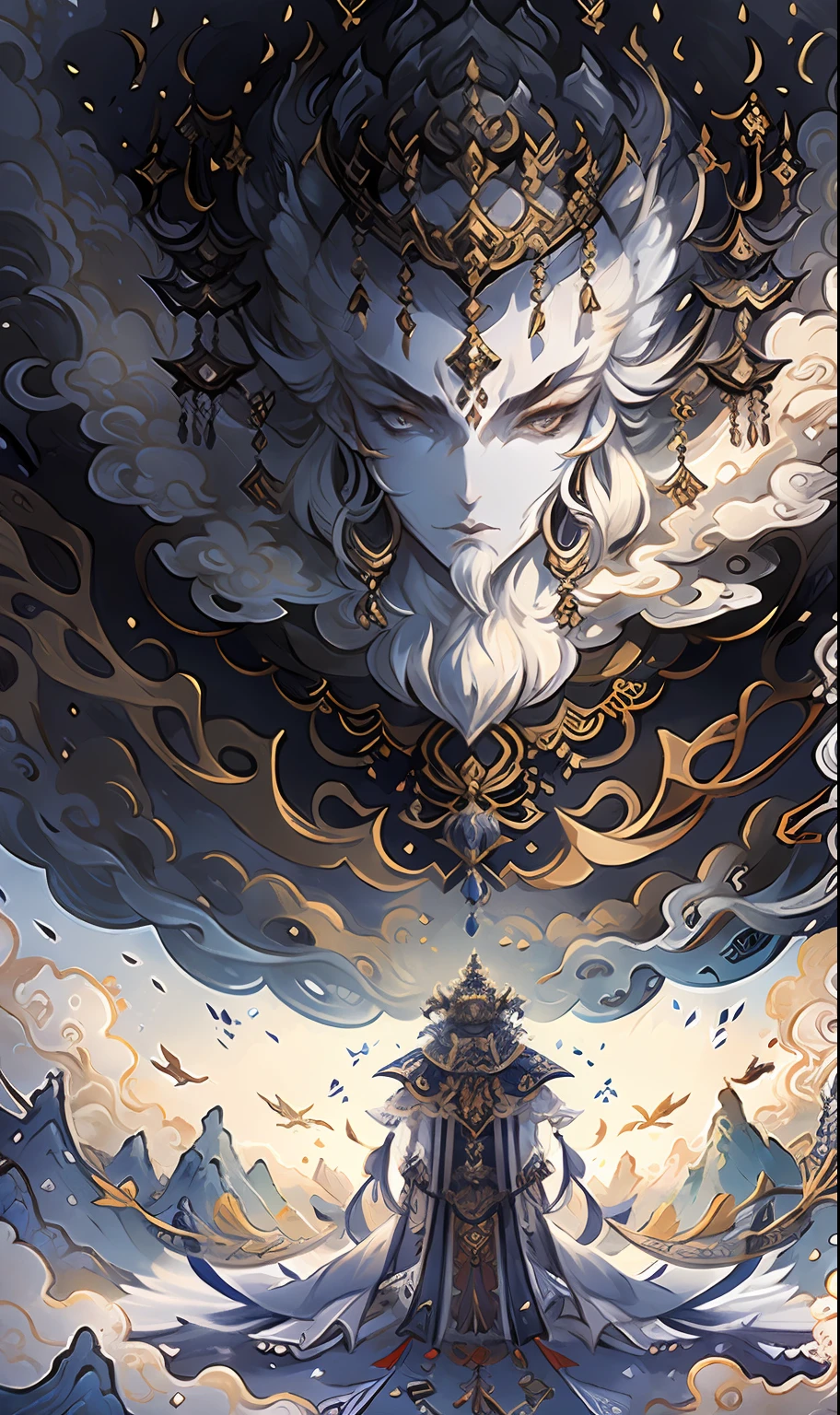 of a guy， Ancient Chinese clothing， rays of sunshine， Clear face， Clean white background， tmasterpiece， super detailing， Epic composition， hyper HD， high qulity， extremely detaile， offcial art，  super detailing， 32k -- v 6, defending the vast looming city